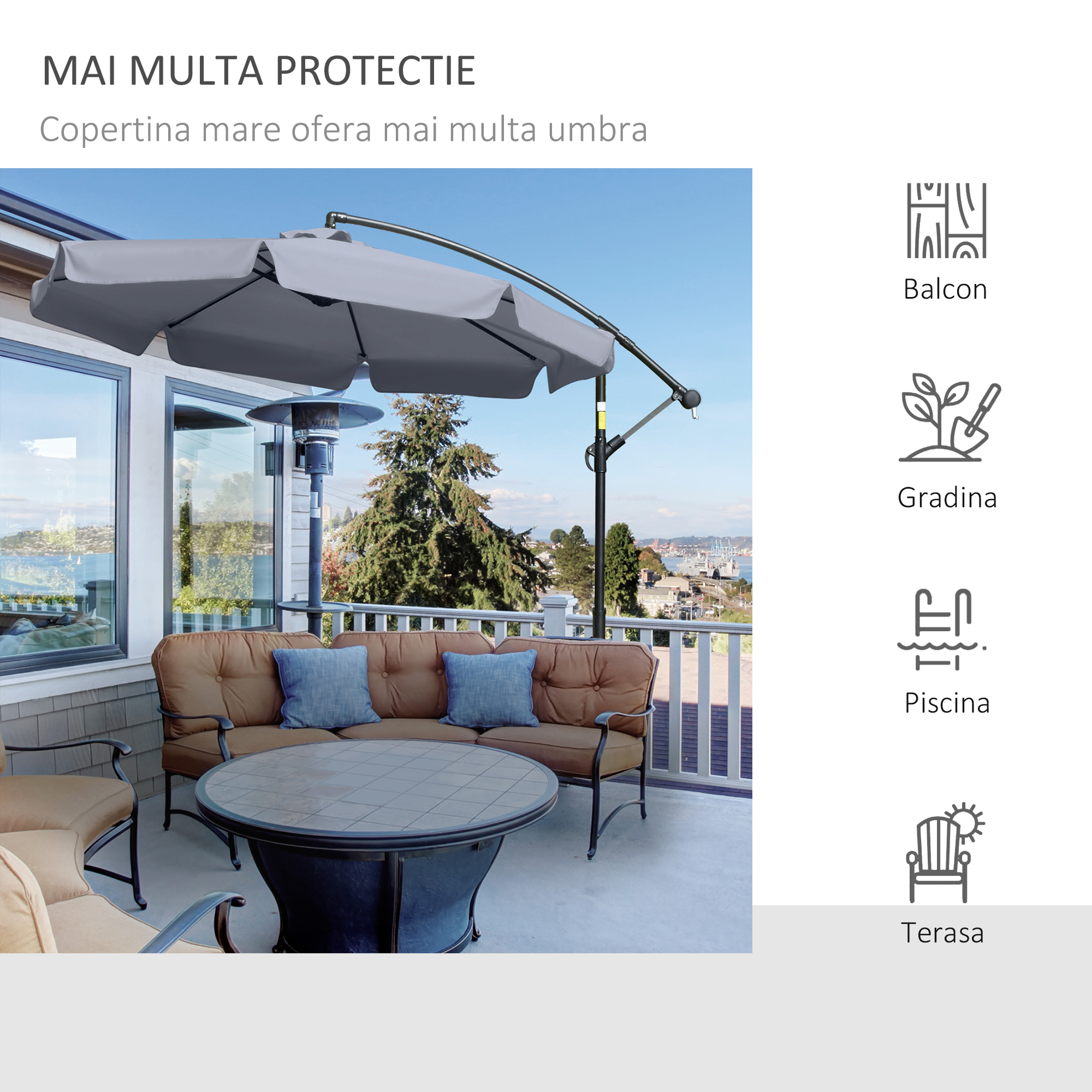  Umbrela de Soare pentru Gradina cu Brat  Parasolar din Metal, Baldachin din Poliester Reglabil si Deschidere cu Manivela, Φ265x265cm, Gri [6]