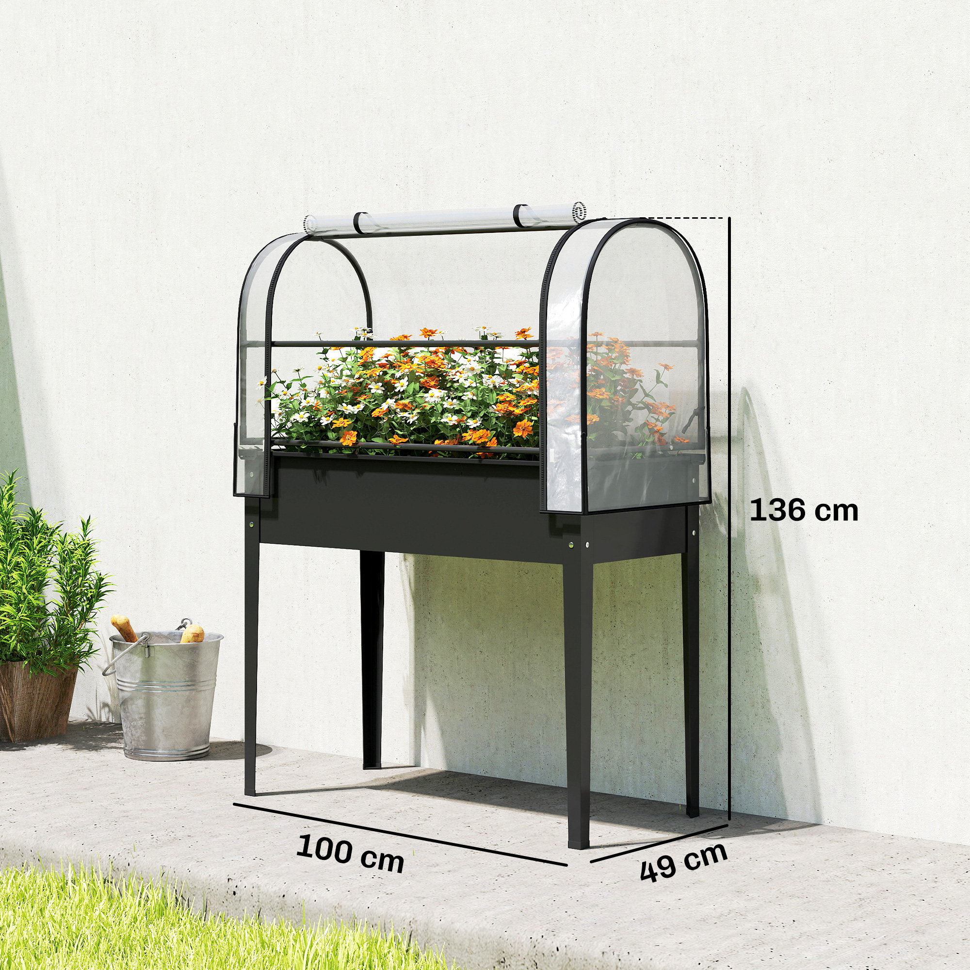  Jardiniera Ridicata cu Mini Sera si Orificiu de Drenare, 100x49x136 cm, Negru [2]