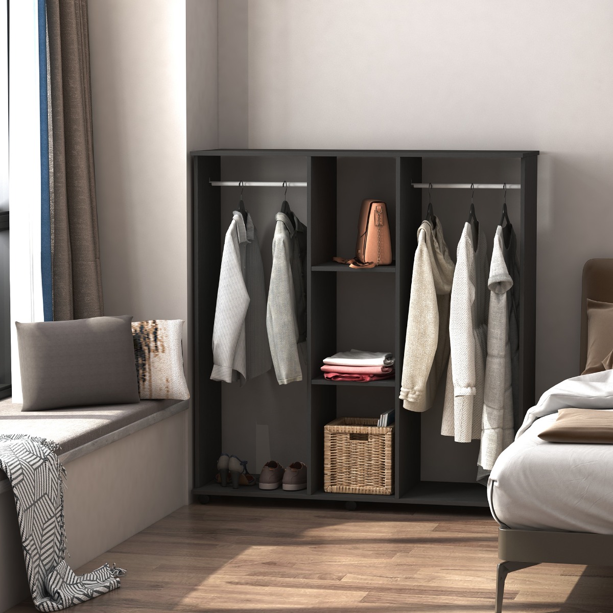  Dulap Mobil cu Roti, 5 Rafturi & Barna Umeras 120x40x128 cm - Negru [1]