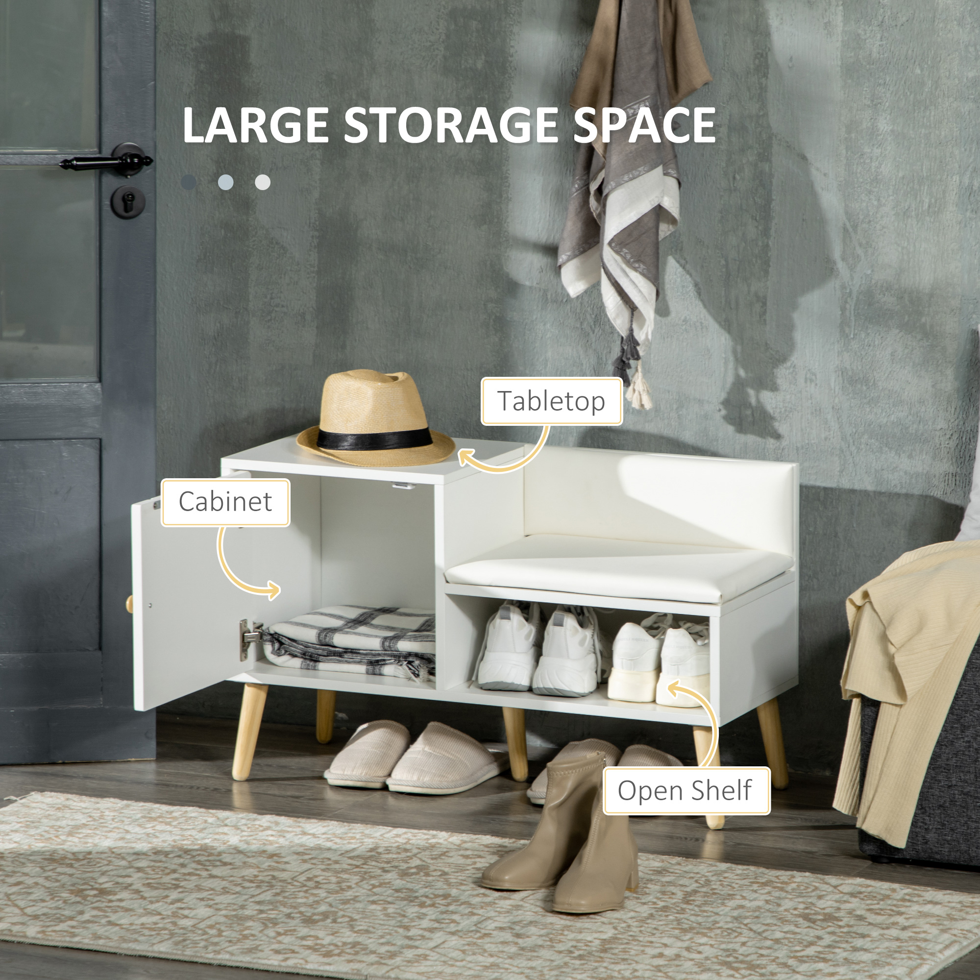  Banca Pantofi - 80×33×49 cm, Alba cu sezut & Spatiu Depozitare [3]