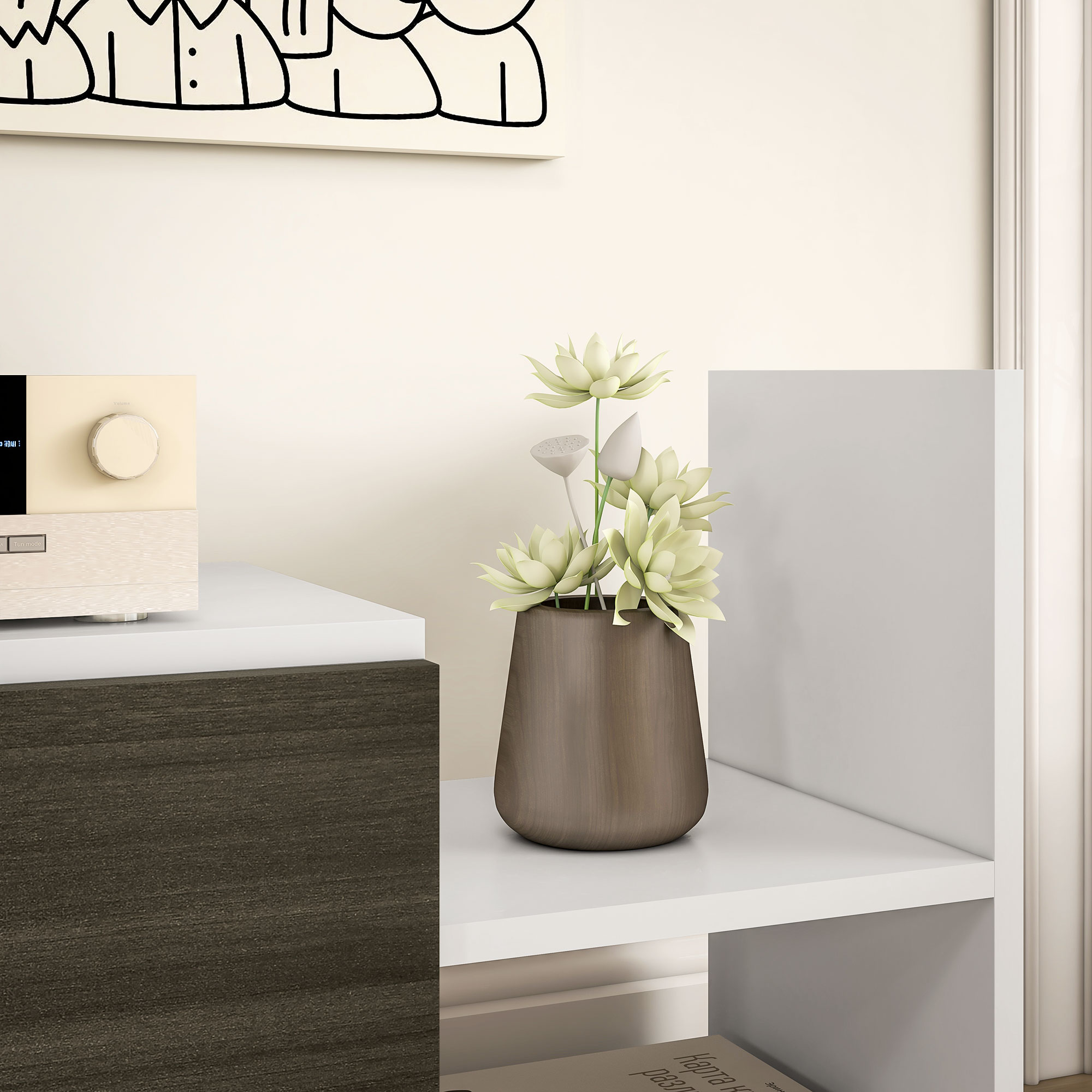  Mobilier TV cu Raft de Perete, Rafturi Deschise si Dulapior din Lemn, Mobilier TV Modern, 153,6x25x42 cm, Alb [7]