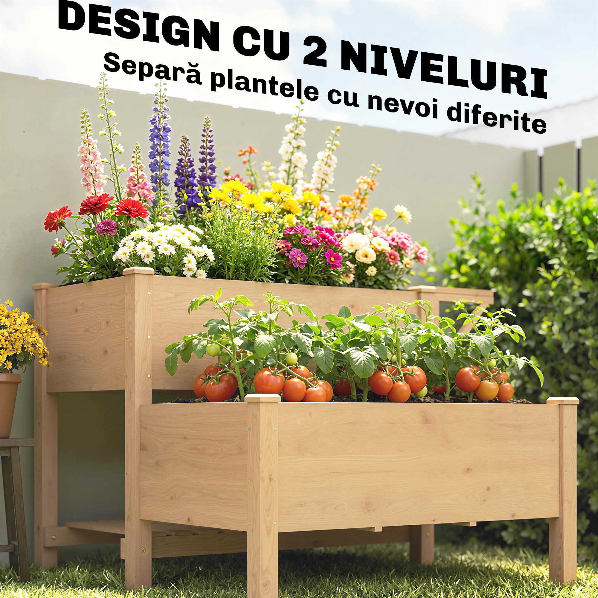  Jardiniera inaltata pe 2 Niveluri cu Rafturi Laterale si Inferior, Fabricata din Lemn de Brad cu Captuseala si Orificii de Drenare, pentru Flori si Legume, 119,5x102x76,5cm, Maro Deschis [3]