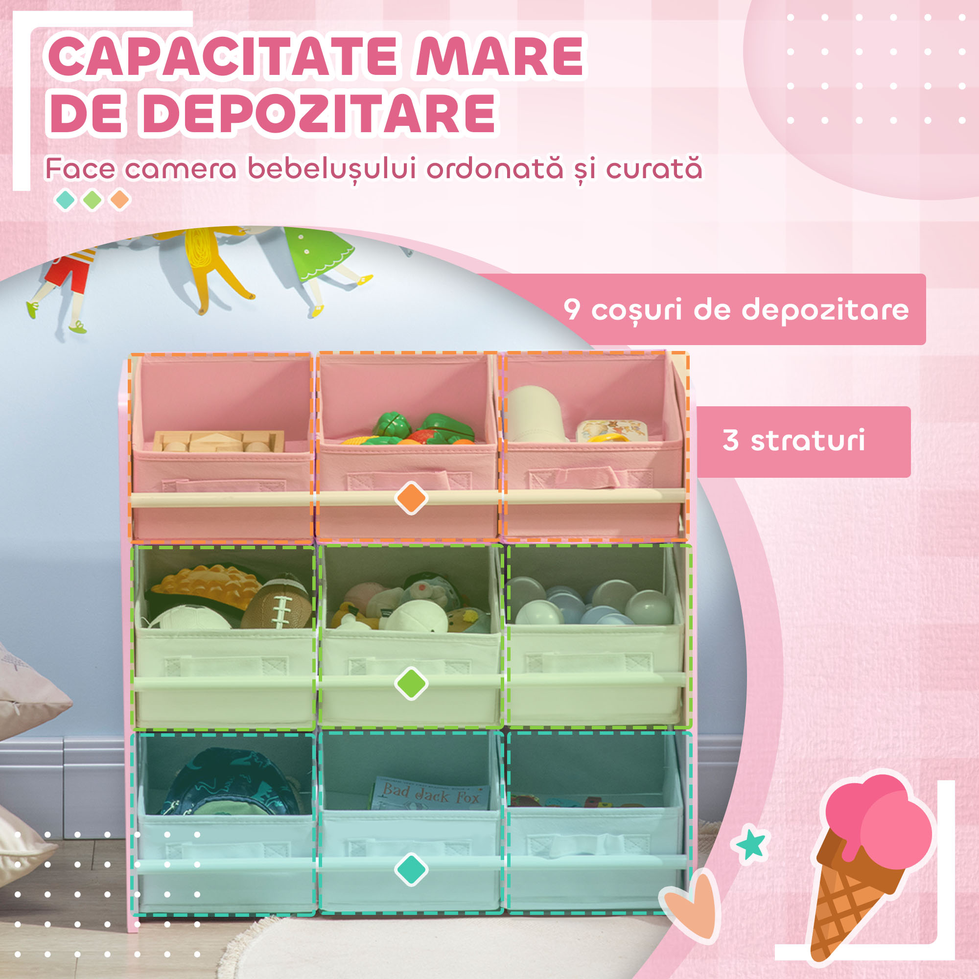  Dulapior de Jucarii cu 9 Cosuri Detasabile din MDF si Material Textil Roz [3]