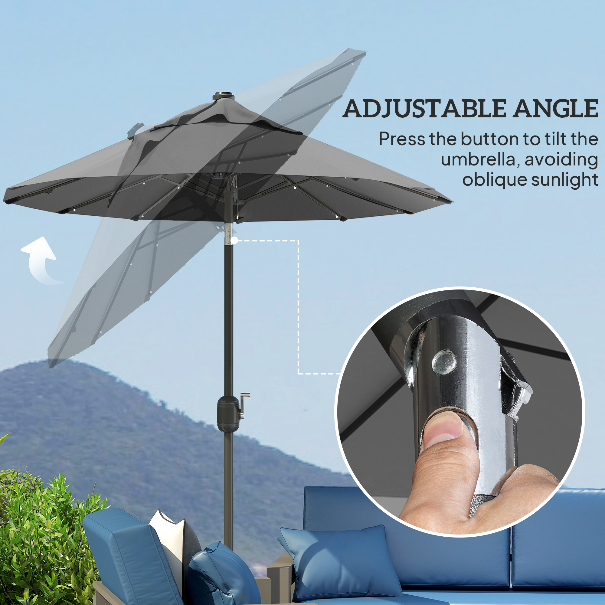  Umbrela dubla cu baza in forma de cruce si lumini solare, 295x150x219cm, gri [8]