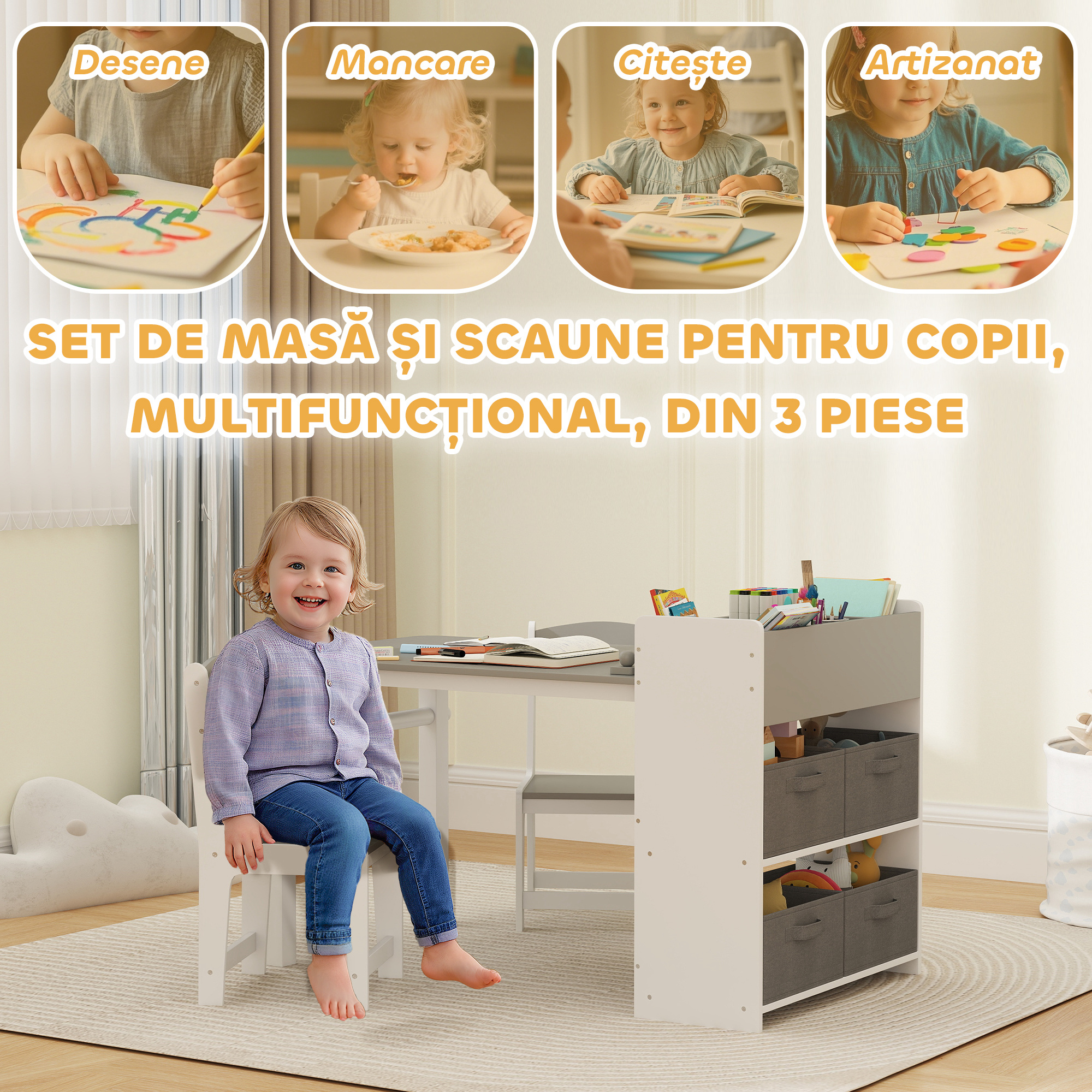  Mobilier pentru Copii 3-8 Ani cu 2 Scaune si Masa Gri si Alb [3]