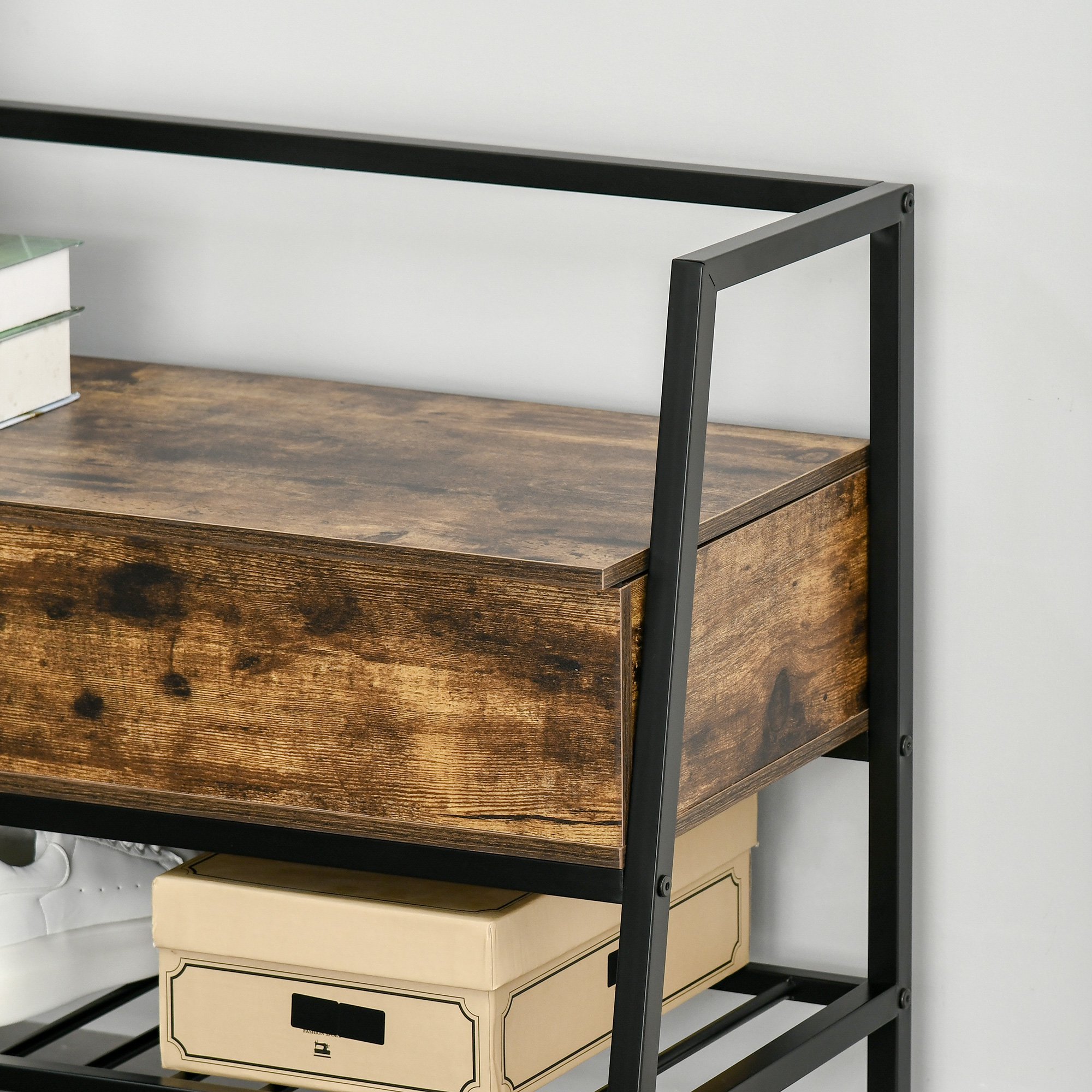  Bancuta Suport de pantofi din Lemn cu Economisire de Spatiu Stil Industrial 90x37x60cm [6]