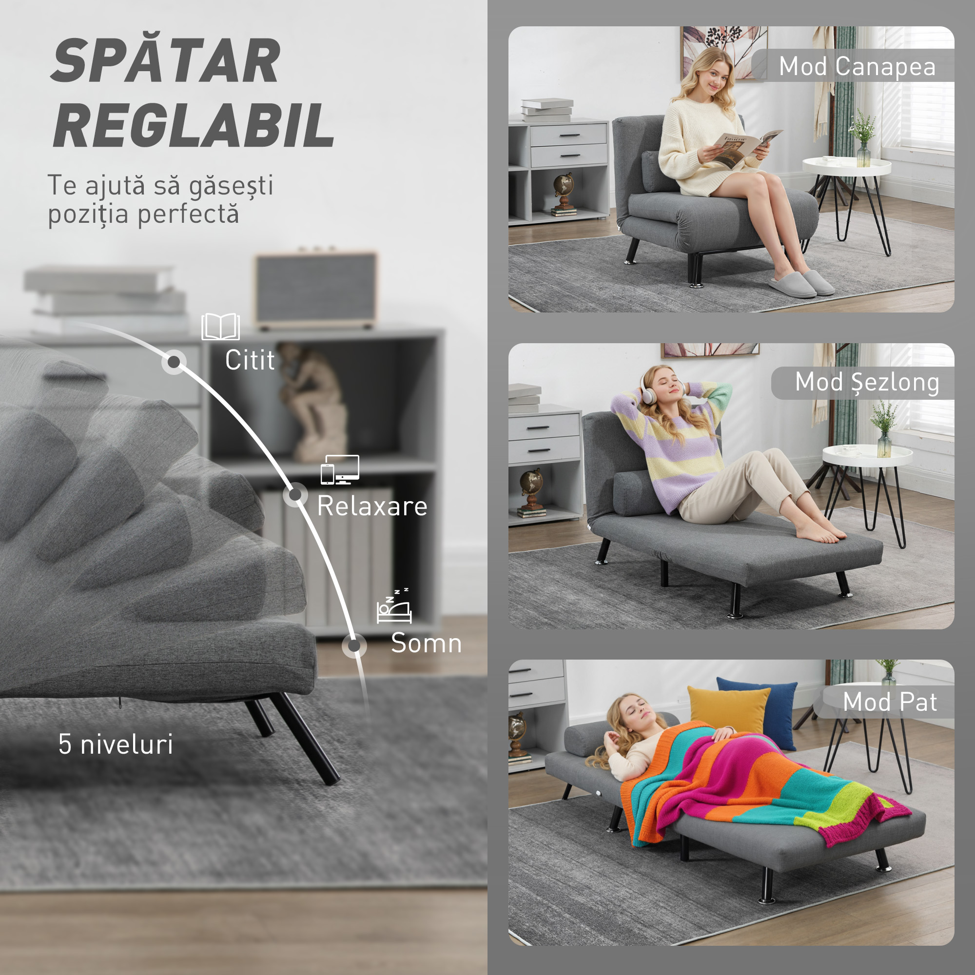  Fotoliu extensibil cu spatar ajustabil in 5 pozitii, tesatura cu efect de in si otel, 75x70x75 cm, Gri [4]