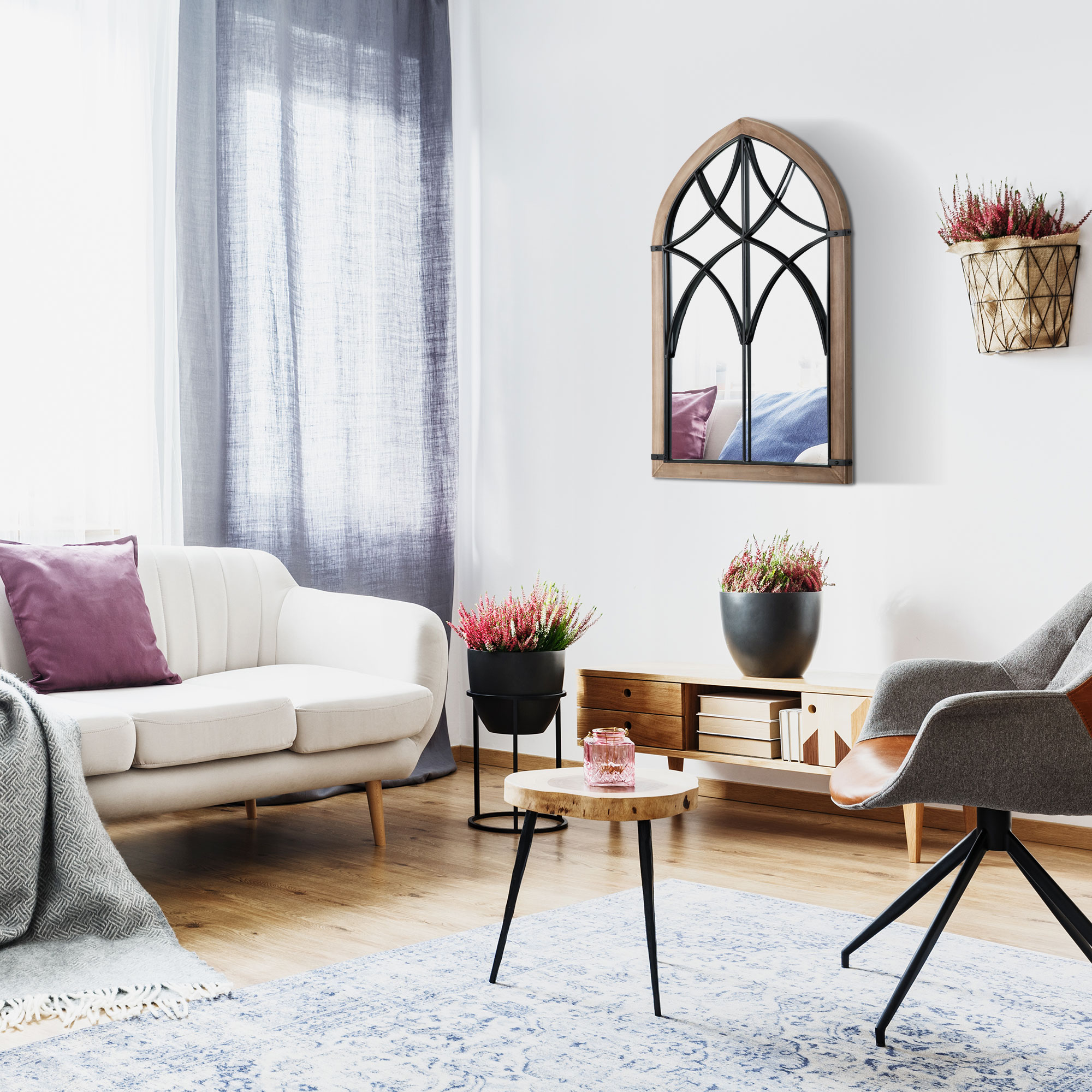  Oglinda de perete cu arcada, detalii moderne si carlige, din lemn si sticla, 60x93 cm, maro si negru [4]