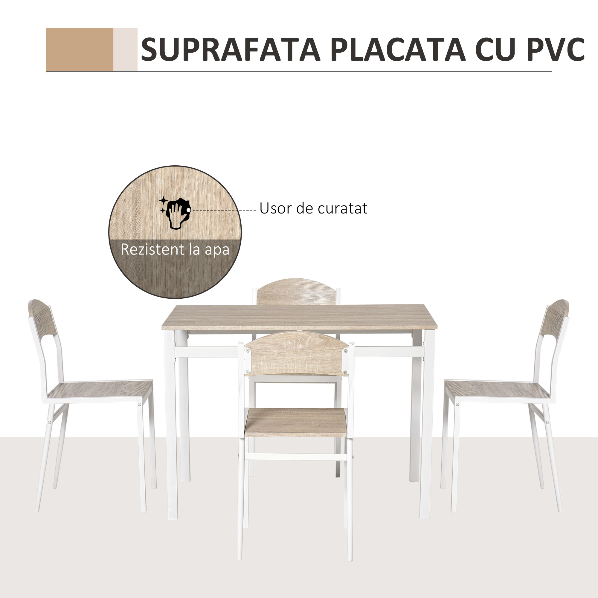  Set Masa de Pranz din 5 Piese cu 1 Masa Dreptunghiulara si 4 Scaune, 100x63x76,5 cm, Gri si Alb [5]