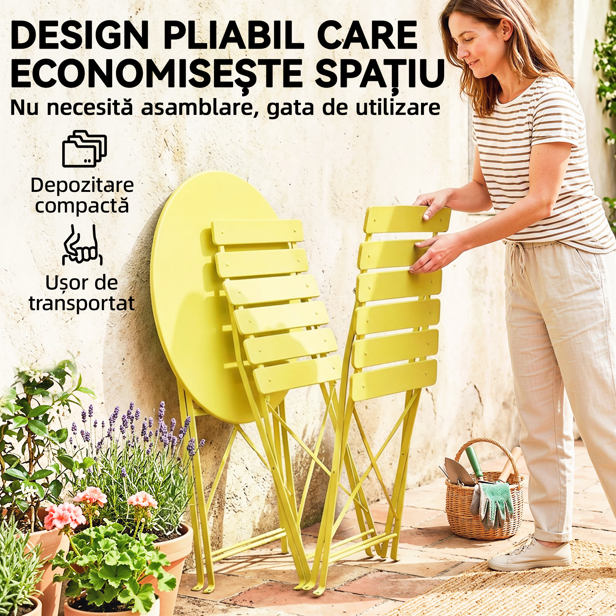  Set Bistro, Masa si Scaune Pliabile pentru 2, Gradina, Galben. [5]