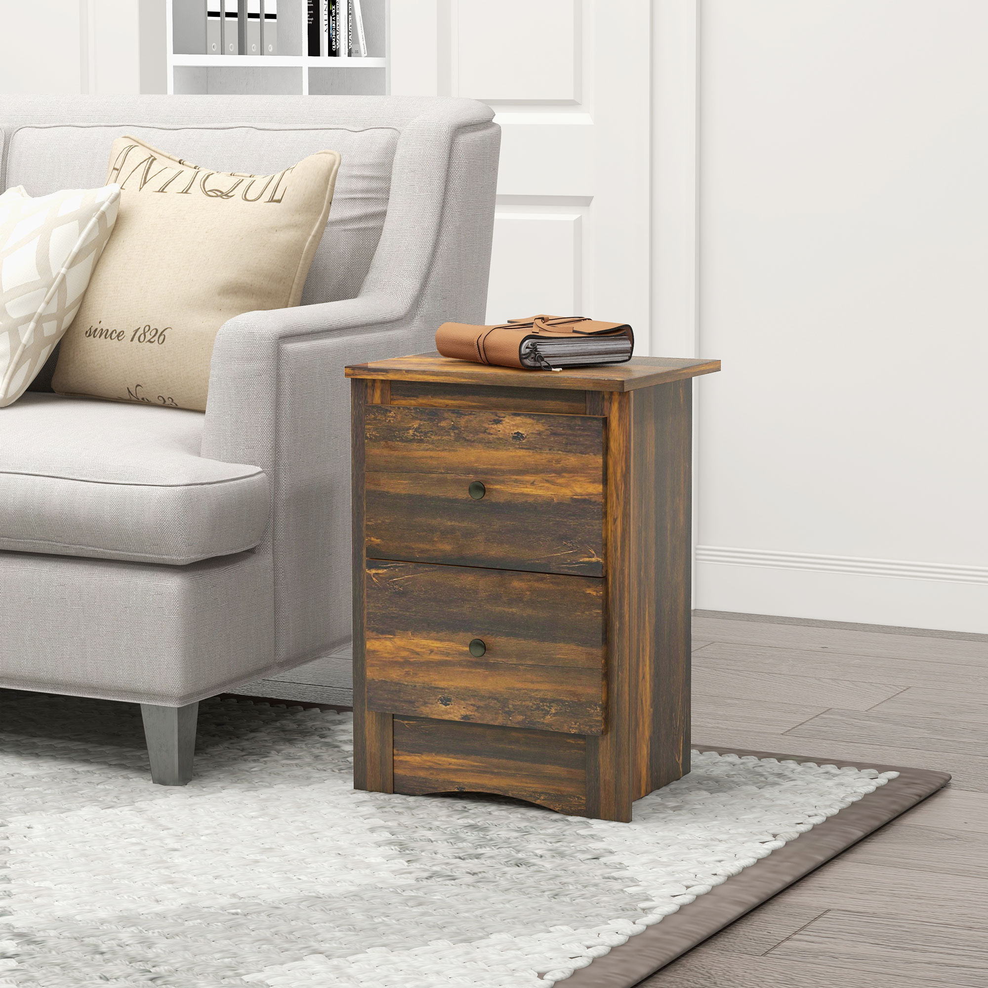  Noptiera cu 2 Sertare in Stil Rustic, Noptiera pentru dormitor din Lemn, 40x30x56 cm, Maro [5]