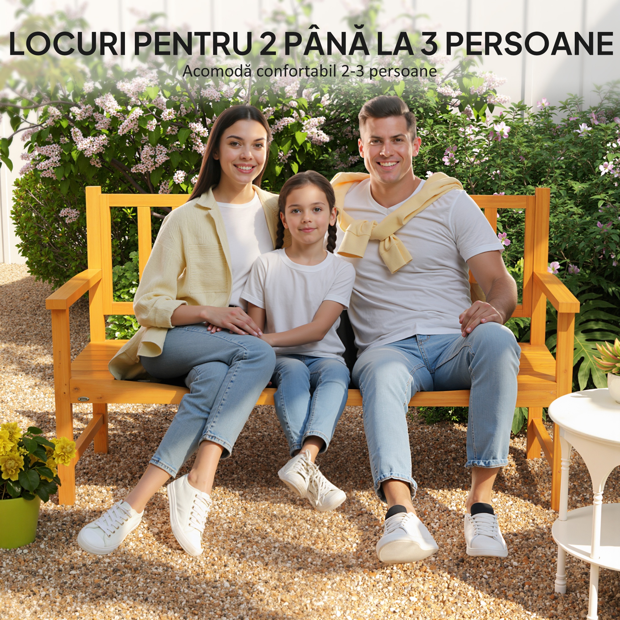  Banca de Gradina pentru 2-3 Persoane din Lemn de Pin, Banca de Exterior cu Masuta Rabatabila si Brate, pentru Balcon, Terasa si Gradina, 153x56x91 cm, Maro Deschis [5]