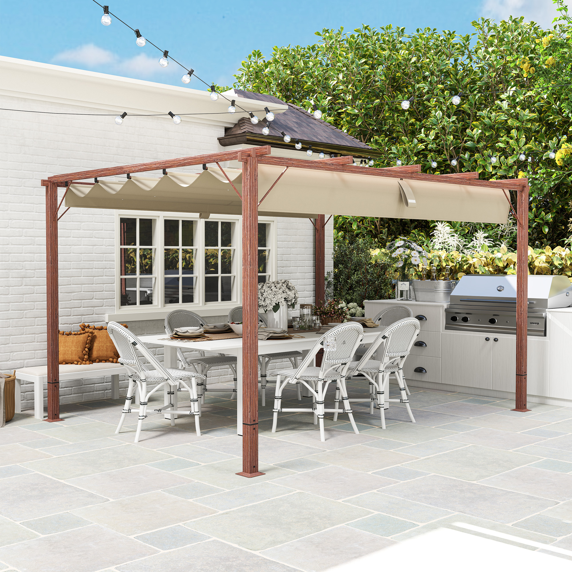  Pergola de Gradina cu Acoperis Retractabil si Cadru din Aluminiu cu Aspect de Lemn, 382x300x232 cm, Lemn Natural [7]