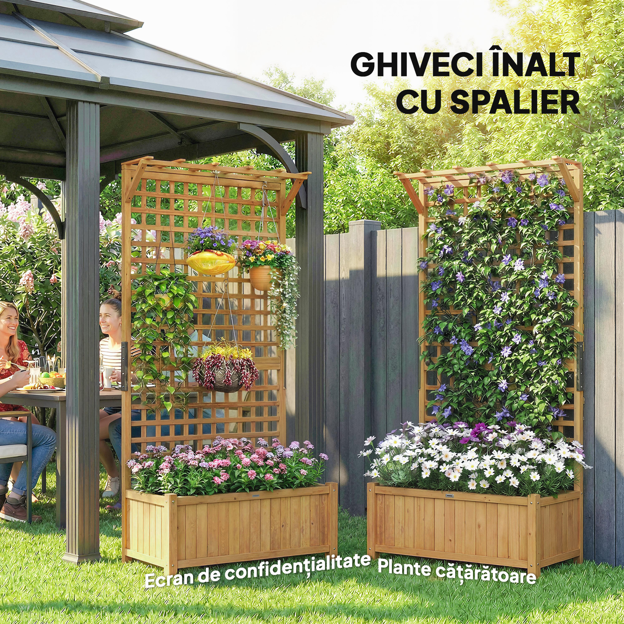  Jardiniera de Gradina cu Spalier pentru Plante Cataratoare din Lemn, 90x45x183 cm, Galben [3]