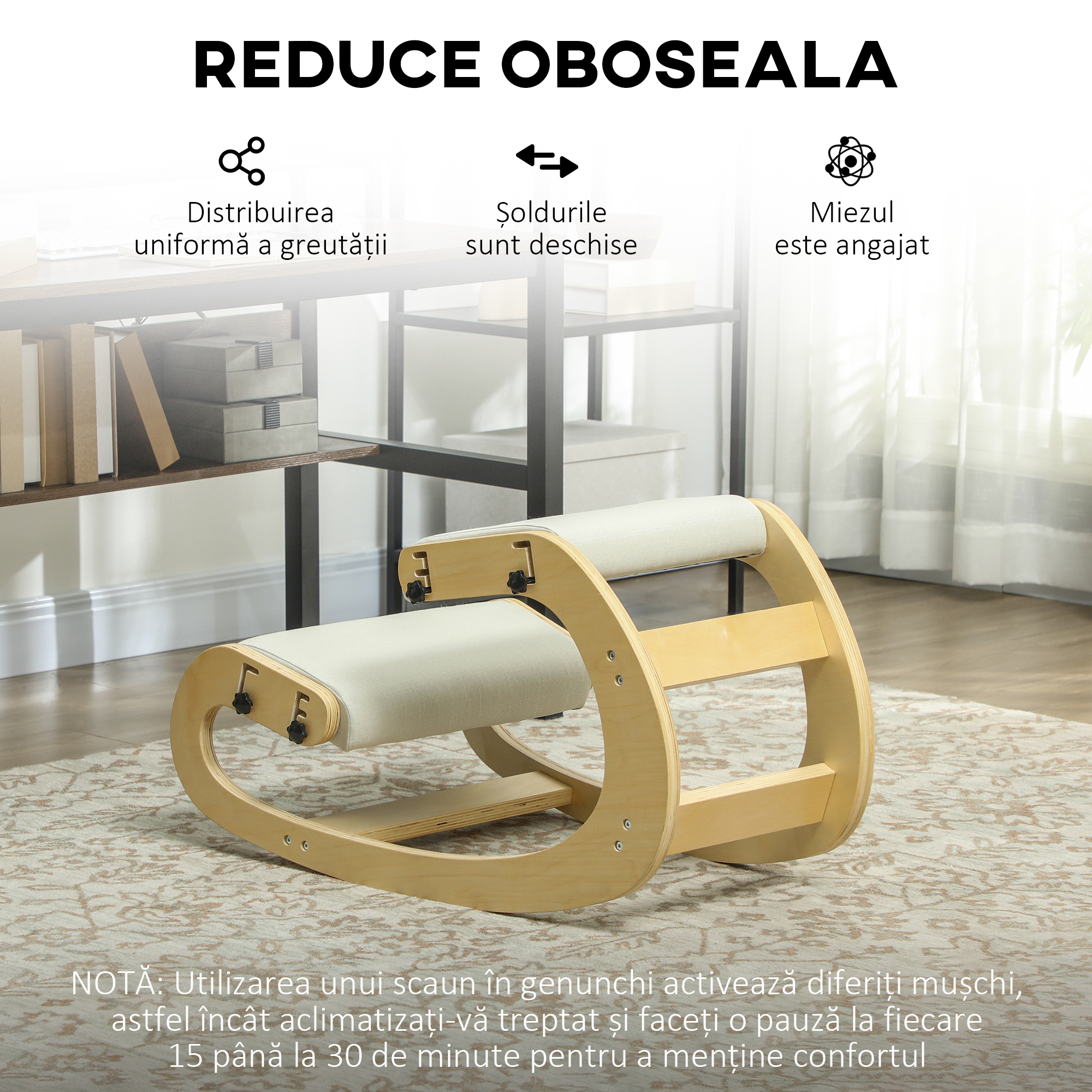  Scaun ergonomic reglabil in 6 pozitii, din material textil cu efect de in si lemn de mesteacan, 55x85x55 cm, crem [6]