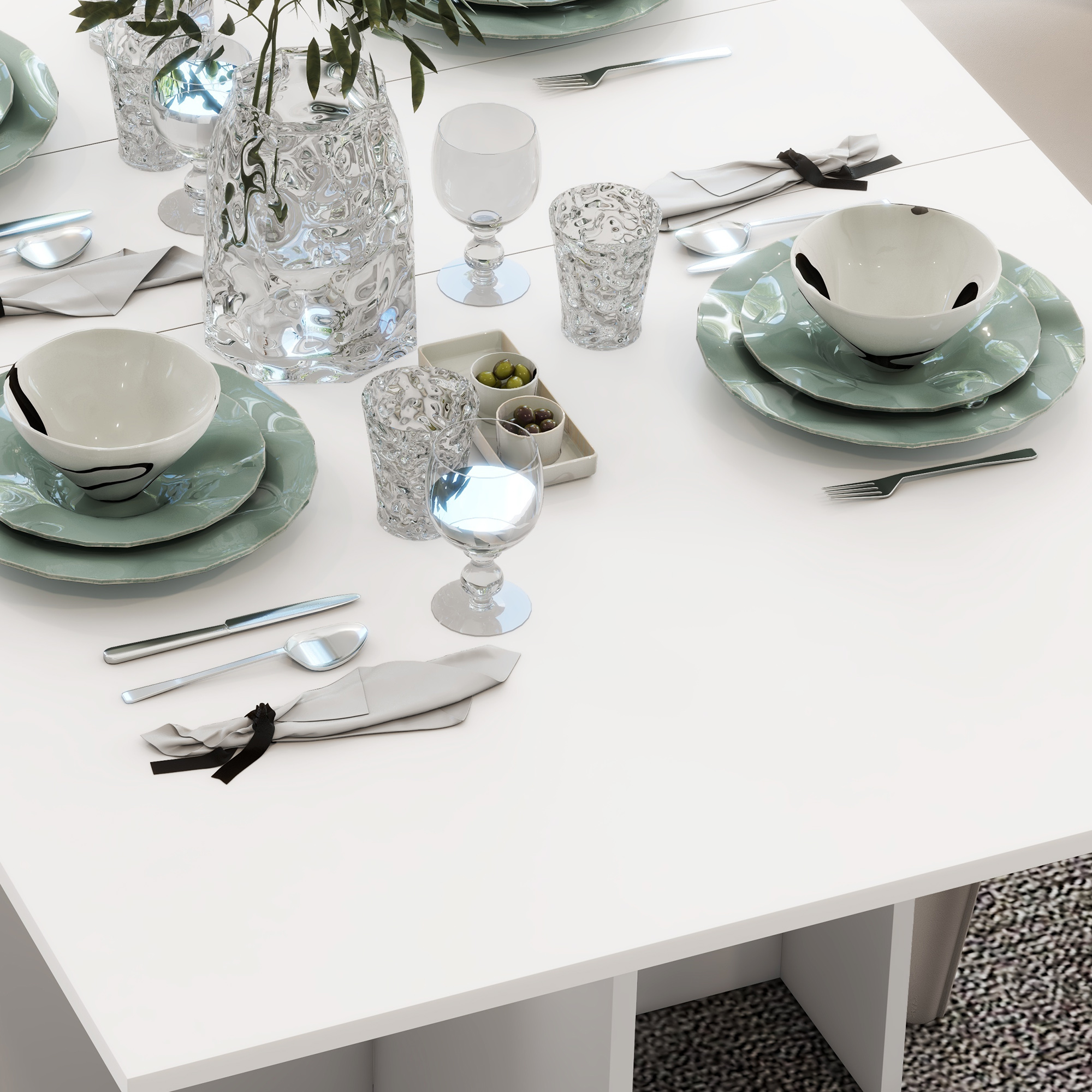  Masa Pliabila Compacta cu 2 Extensii pentru 6 Persoane, cu Rafturi si Roti, Alba [6]