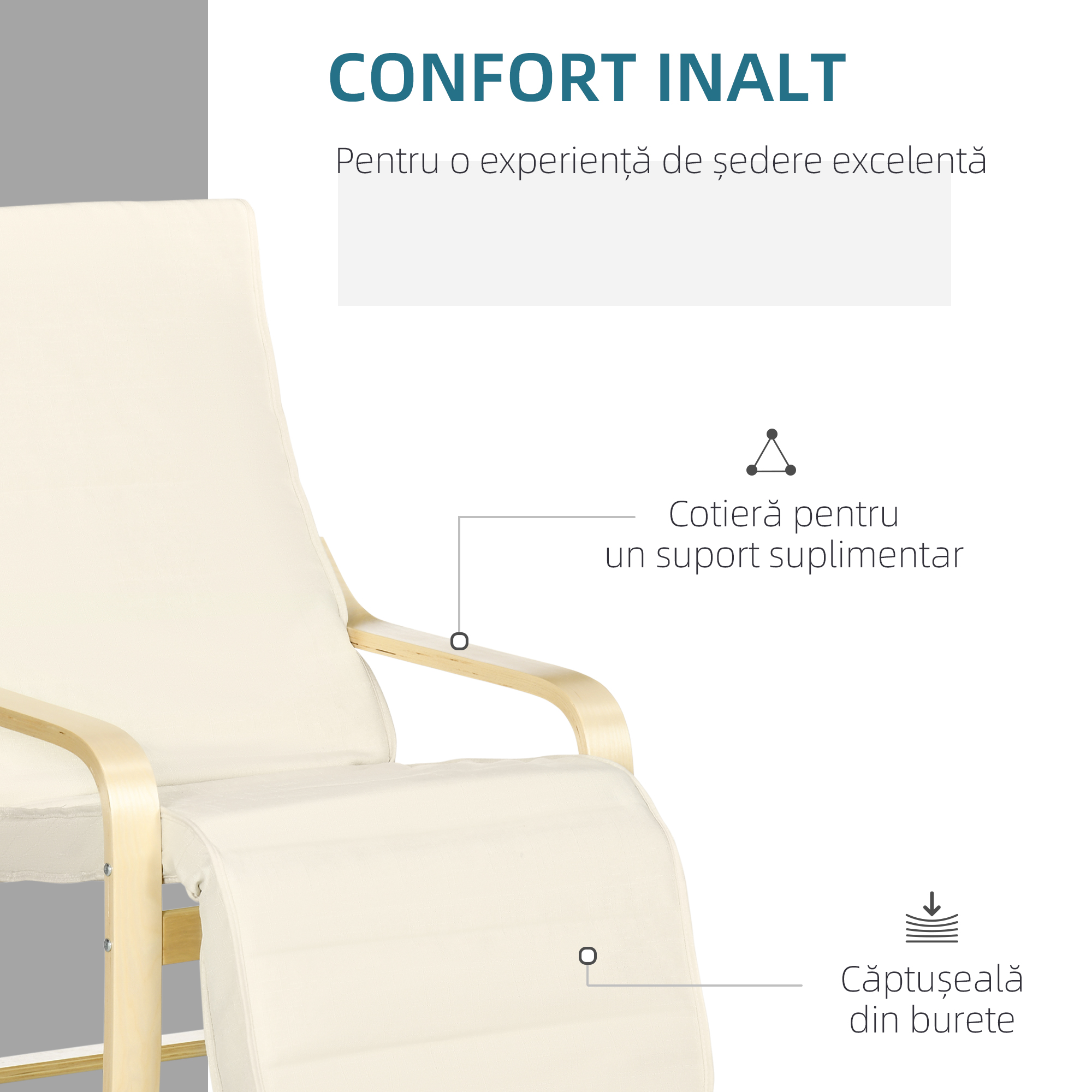  Fotoliu Relax cu Suport pentru Picioare Reglabil pe 5 Niveluri si Tetiera, Cadru din Lemn de Mesteacan si tesatura, 66,5x94x100 cm, Crem [4]