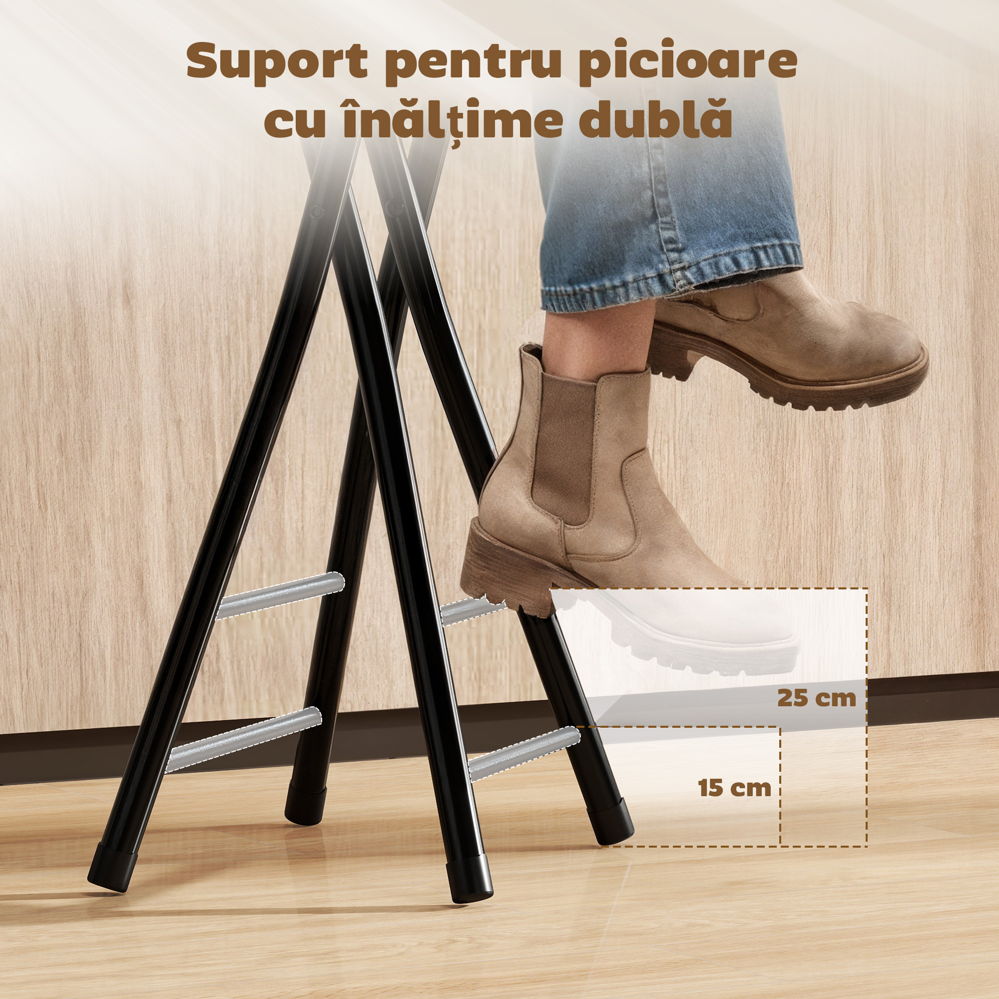  Set 4 Scaune de Bar Pliabile cu Suport dublu pentru Picioare, din Lemn si Otel, 34x30x70 cm, Negru [6]