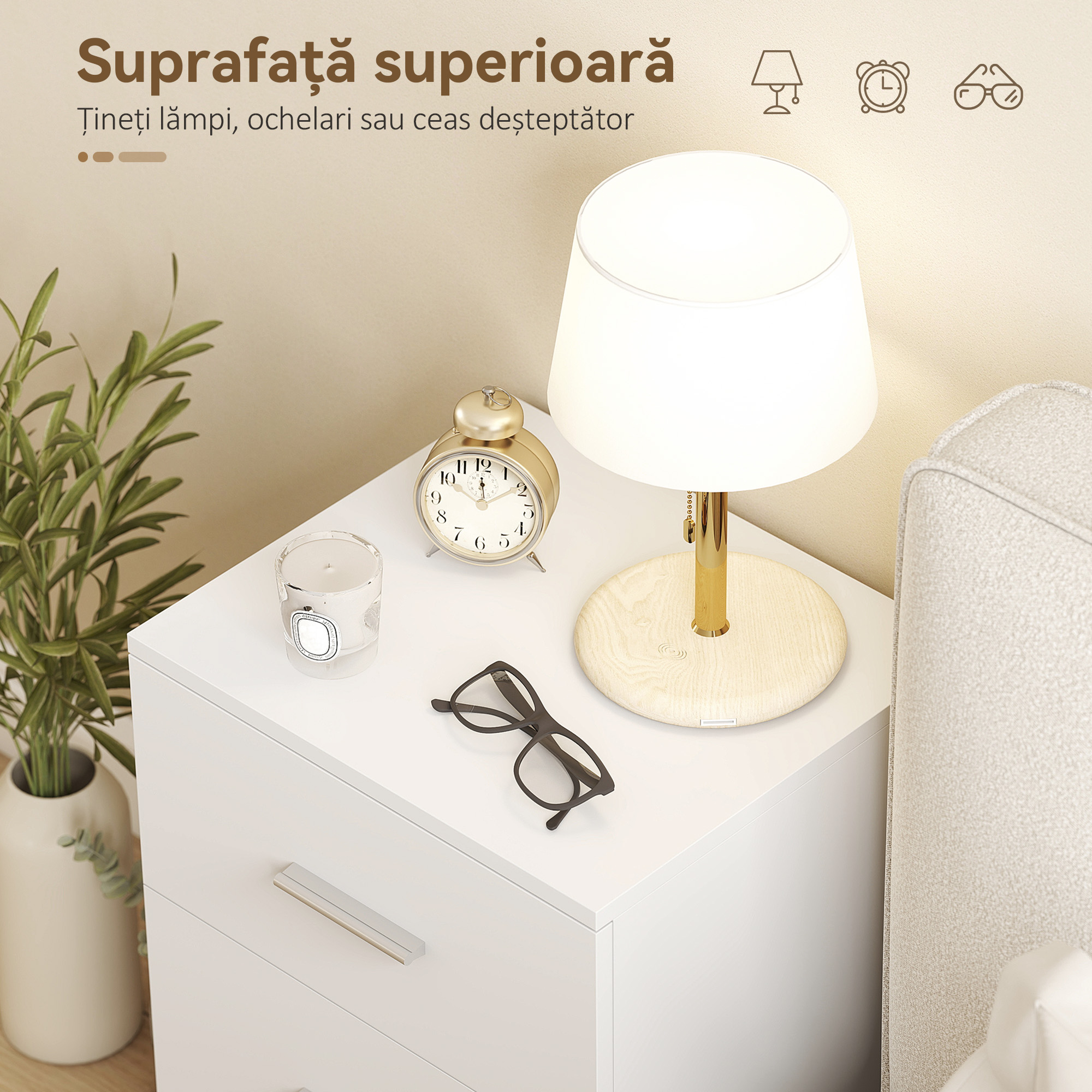  Noptiera pentru Dormitor cu 3 Sertare, Stil Modern din Lemn, Masuta pentru Canapea, Sufragerie, Living si Dormitor, 40x35x60 cm, Alb [4]