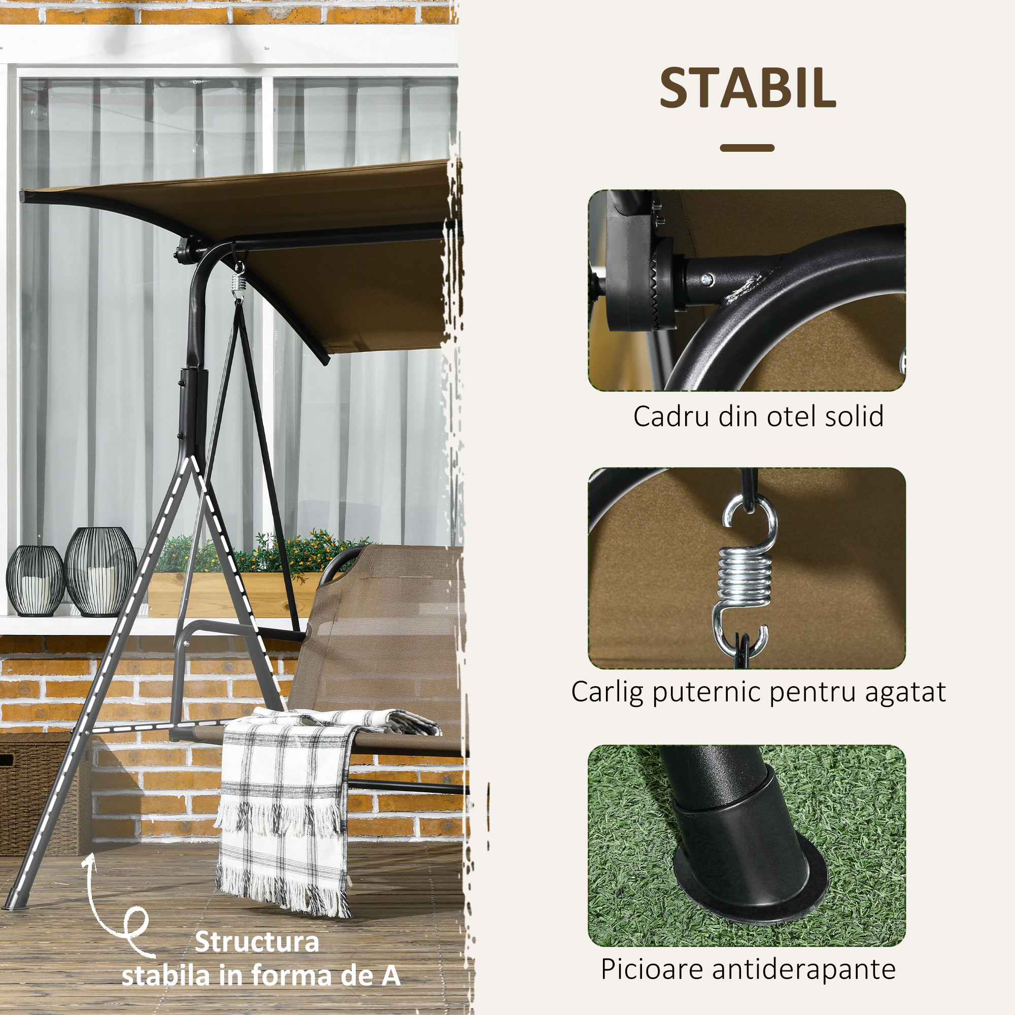  Balansoar de Gradina cu 3 Locuri si Parasolar Reglabil, 172x110x153 cm, Maro [4]