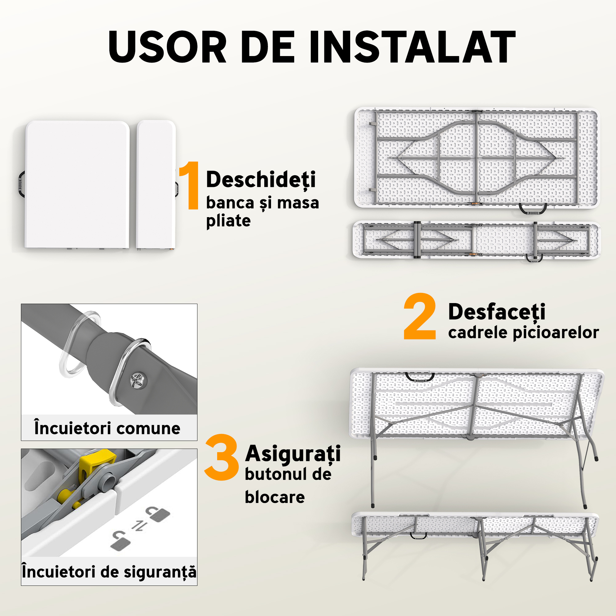  Set Masa de Camping Pliabila cu 2 Scaune, 180x74x74 cm, Alb [3]