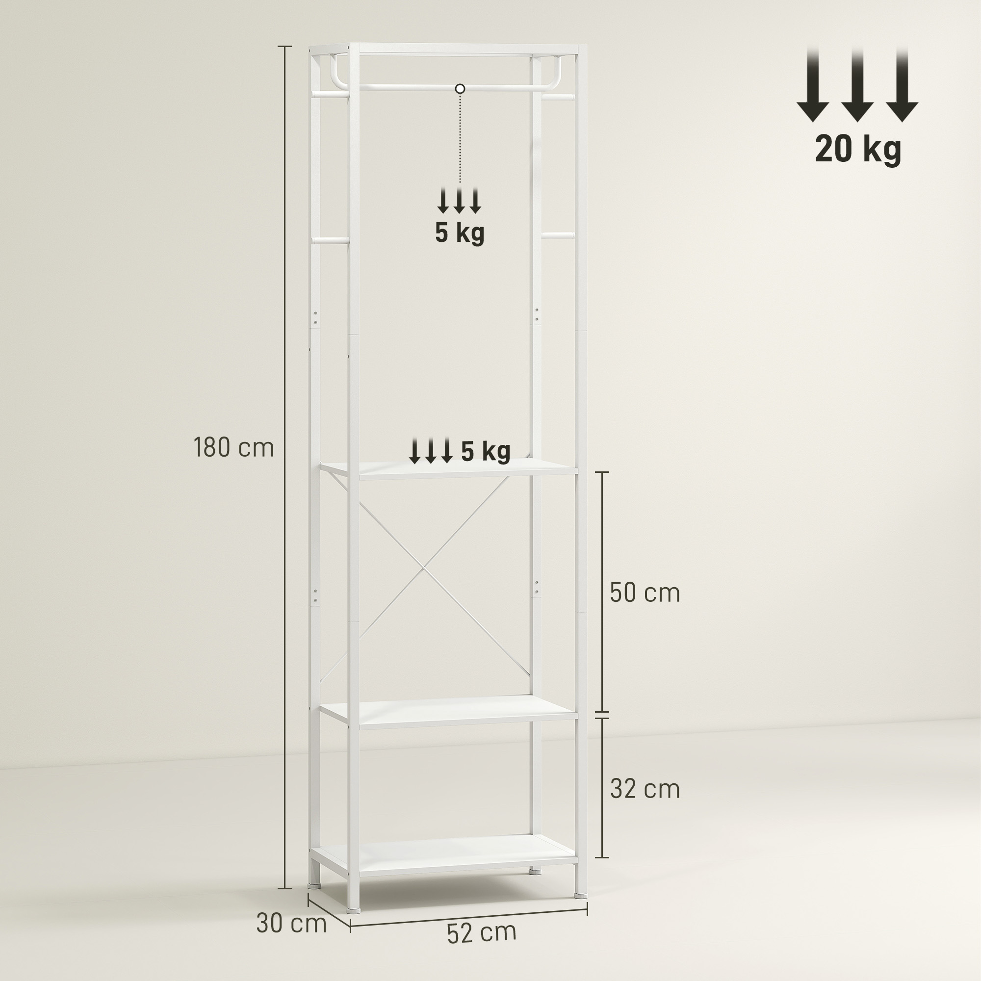  Cuiere de Podea cu Suport pentru incaltaminte, 4 Carlige si Raft 52x30x180cm Alb [2]