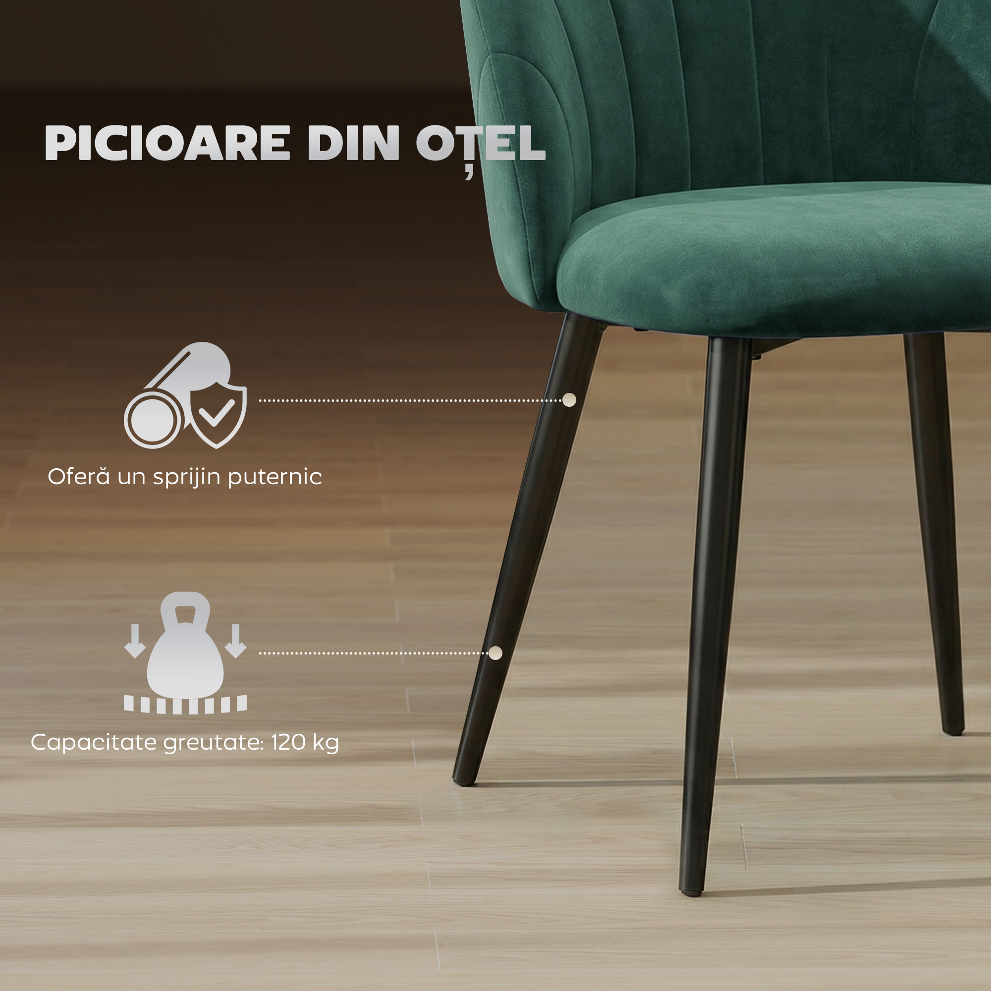  Set de 2 Scaune de Dining din Catifea, Scaune de Bucatarie cu Spatar Curbat in Forma de Scoica, Picioare din Otel, Stil Nordic, Scaun Tapitat pentru Bucatarie, Dormitor, Sufragerie, Verde inchis [4]