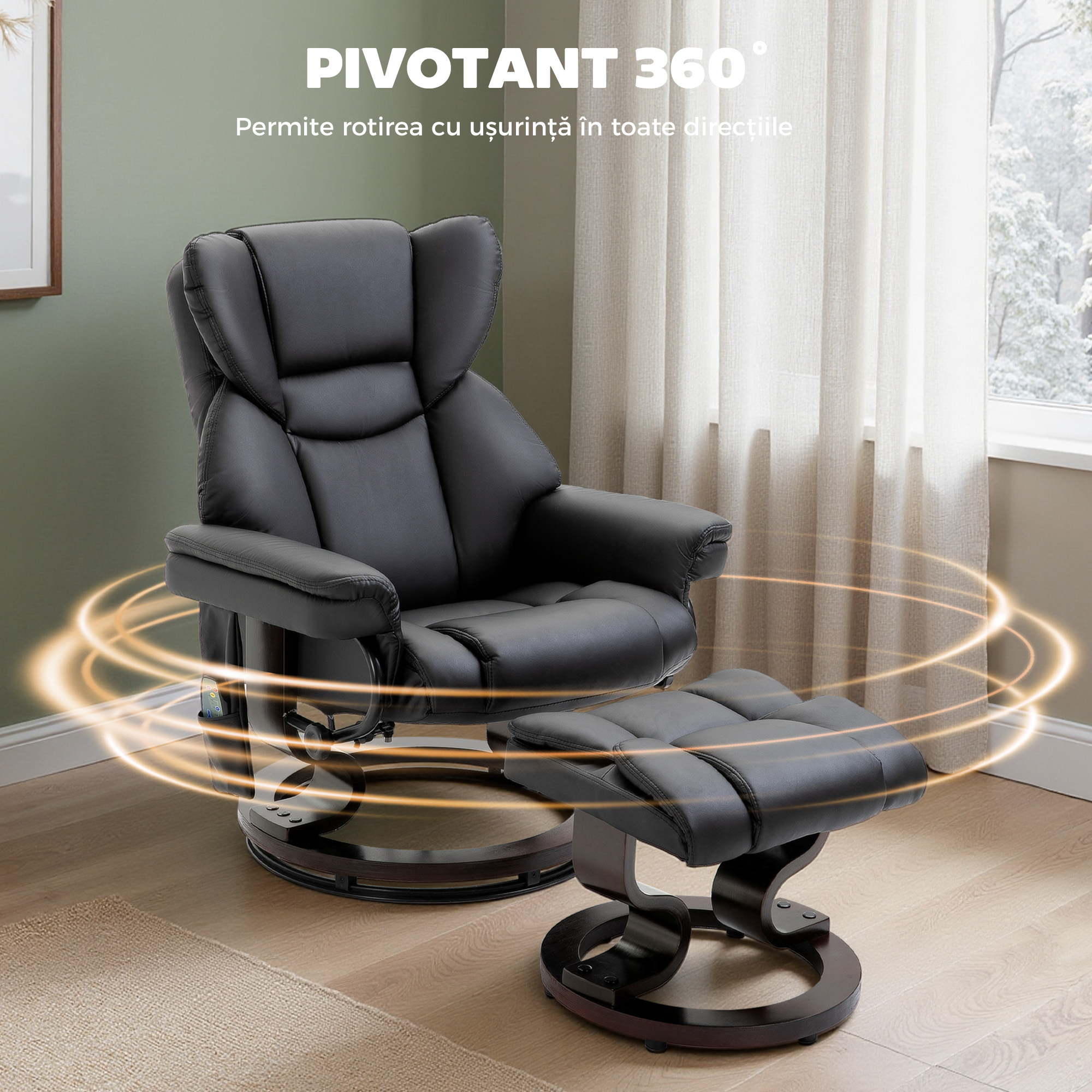  Fotoliu Relax cu Taburet Suport pentru Picioare si Functie de Masaj, Rabatabil la 145° si Rotativ la 360°, Negru [5]