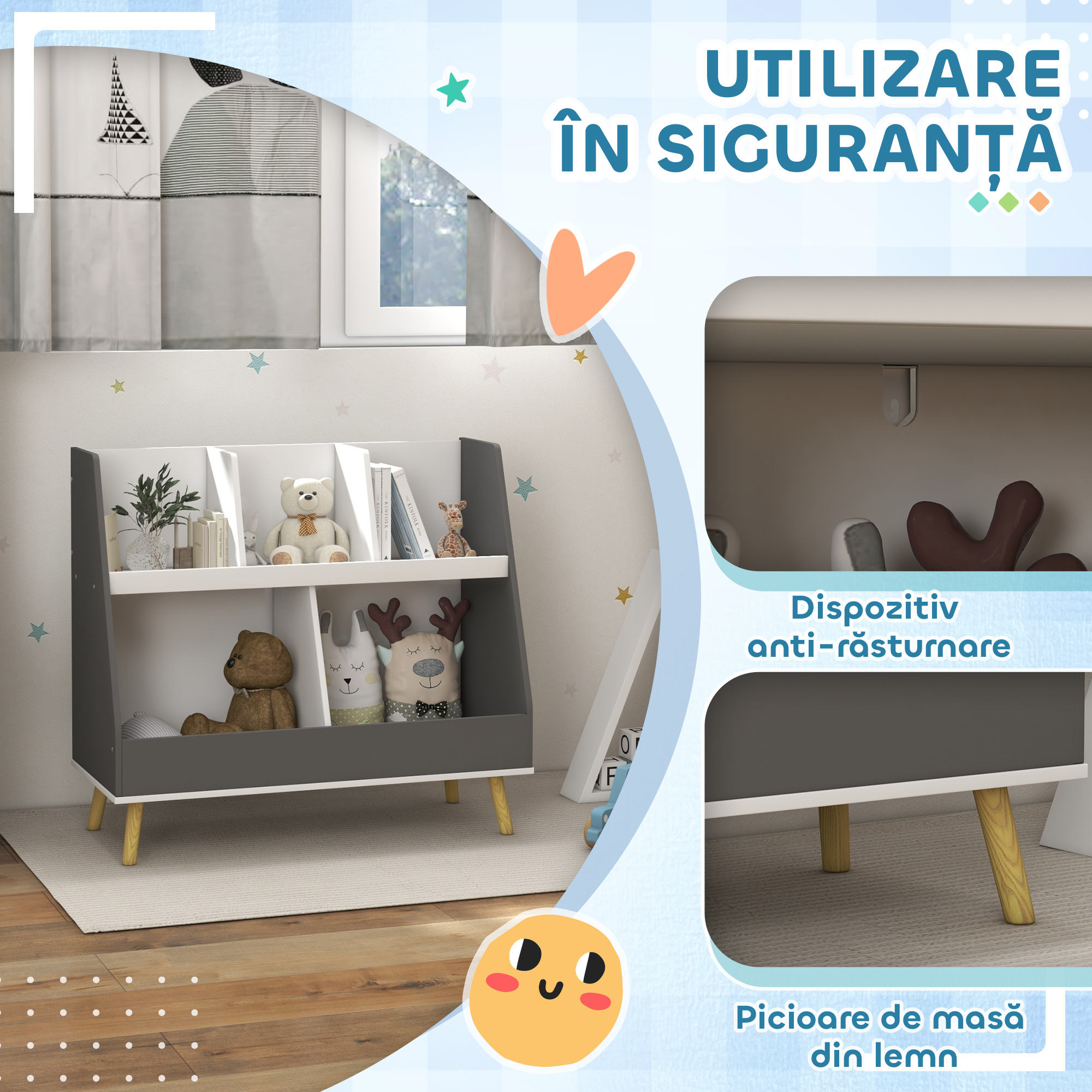  Comoda pentru depozitarea jucariilor pentru copii cu 2 niveluri si 5 compartimente din lemn, 80x34x79cm, gri [5]