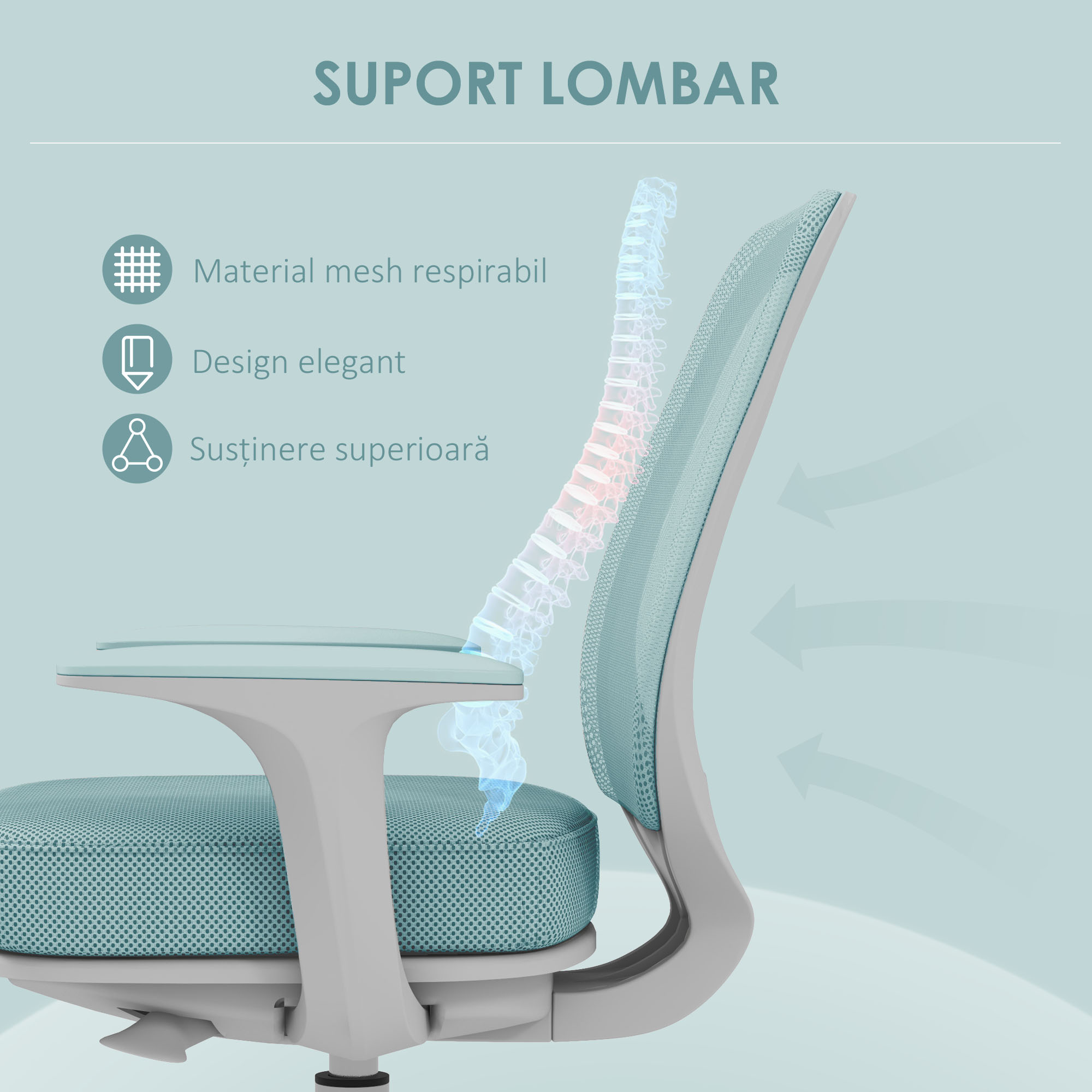  Scaun de Birou Ergonomic, Reglabil pe inaltime cu Spatar Respirabil, 55x48x82.5-94.5 cm, Verde Deschis [5]