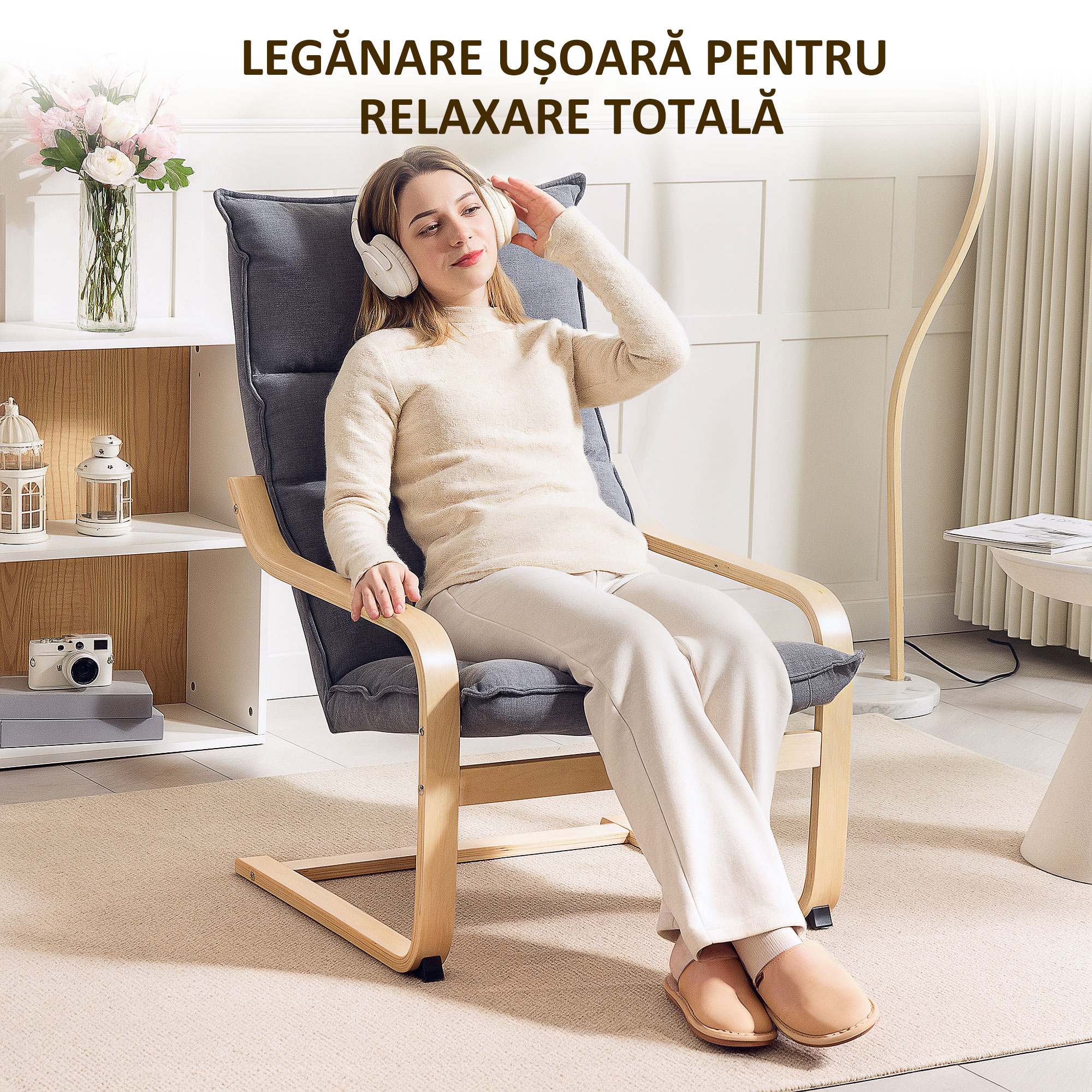  Fotoliu Balansoar Modern cu Manere din Lemn si Perne Groase din Catifea, 67x83x105 cm, Gri [5]