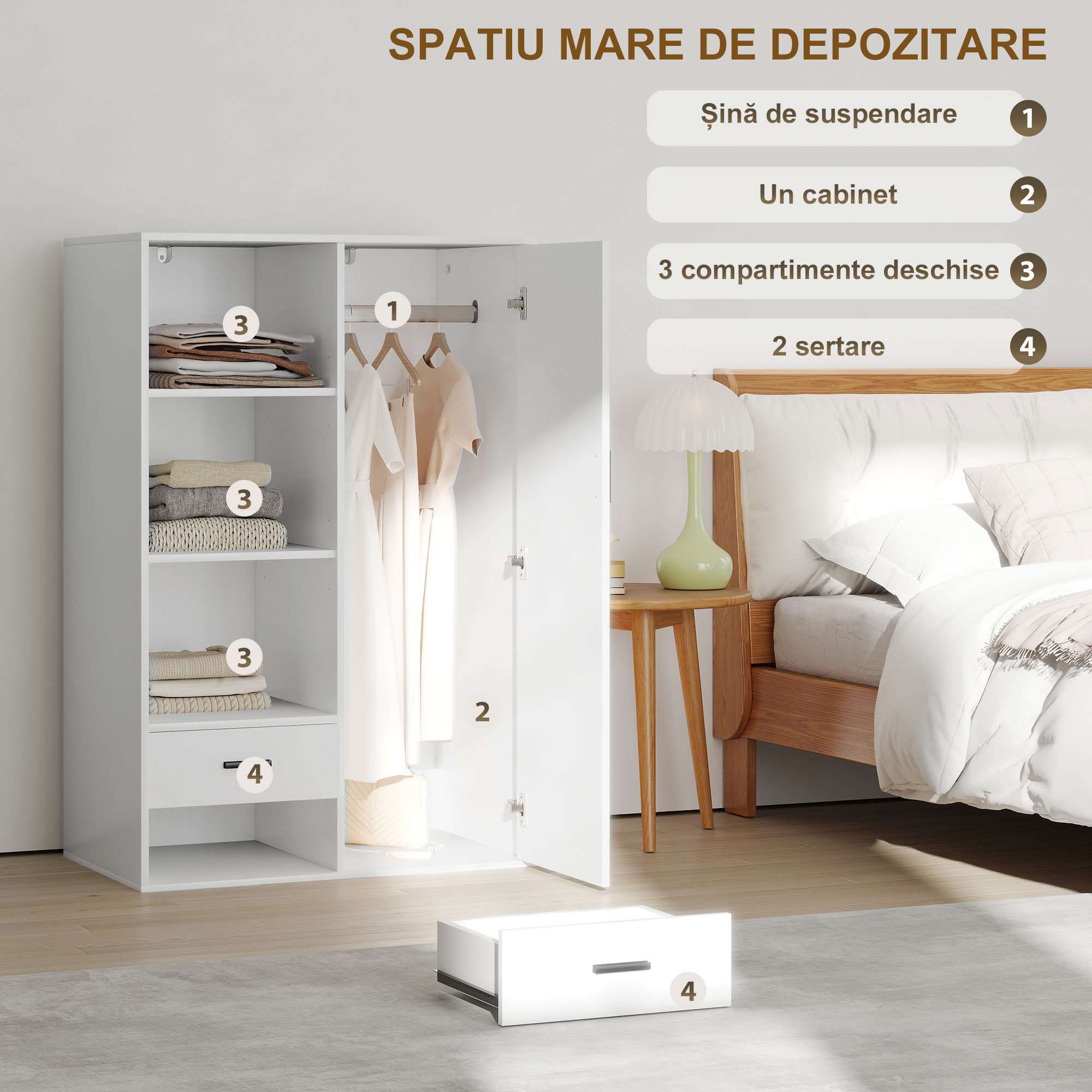  Dulap Modern cu 2 Sertare, Rafturi Deschise si Suport pentru Haine Alb [3]