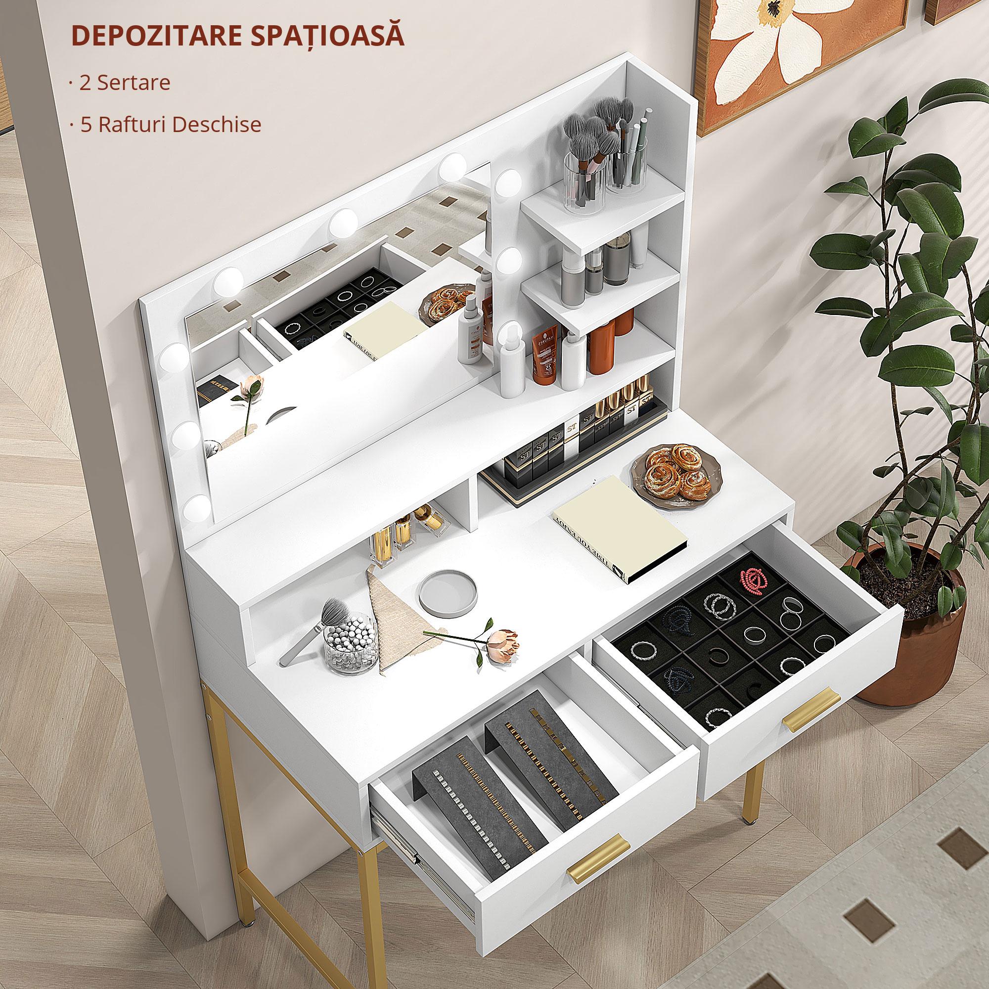  Masa de Machiaj cu Oglinda LED si Scaun, 2 Sertare, 5 Rafturi, pentru Baie, Alb [4]