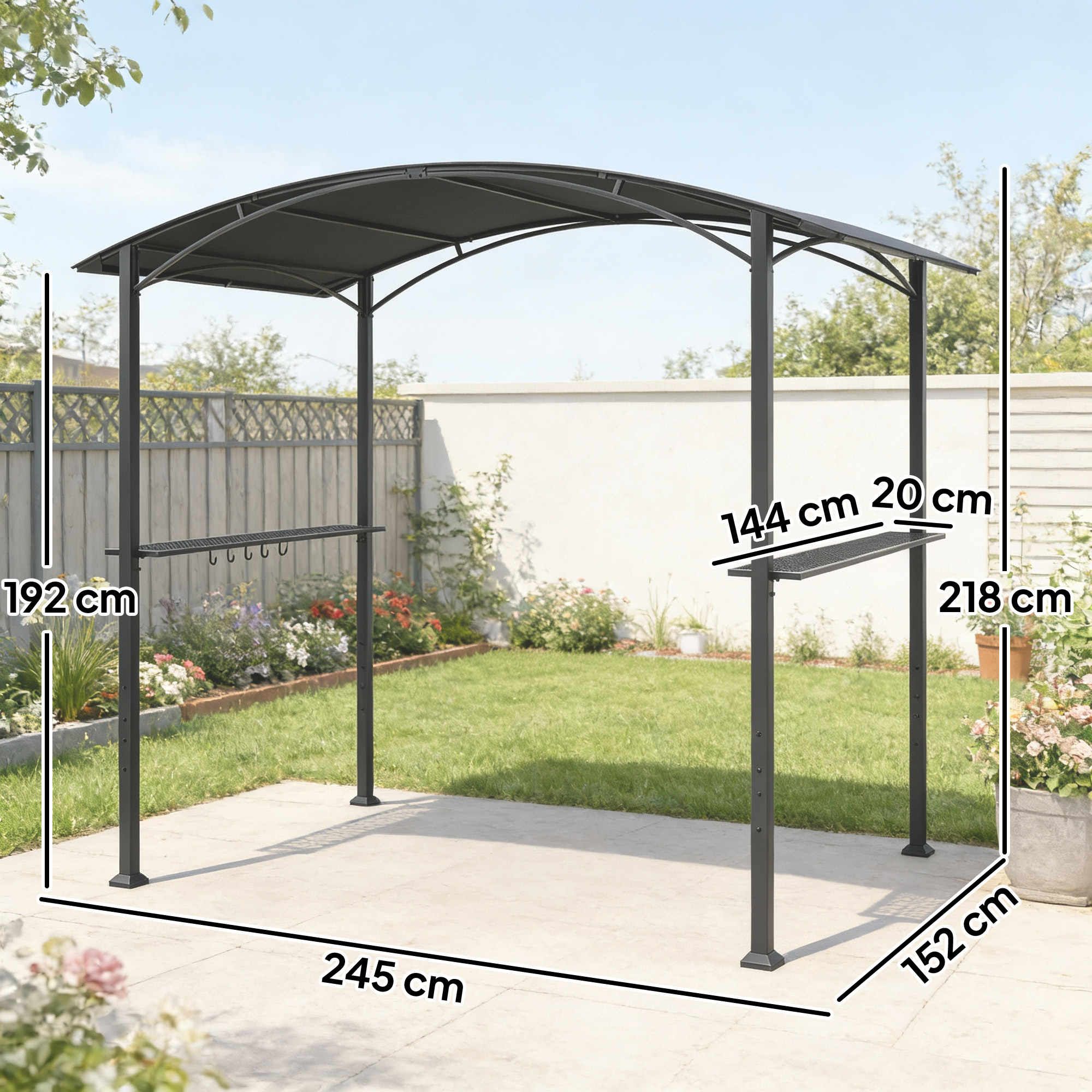  Gazebo pentru Gratar 2.5x1.5 m, Pergola pentru Gratar cu 2 Rafturi Laterale si Carlige, Cadru din Otel si Acoperis din Poliester pentru Gradina, Gri inchis [2]