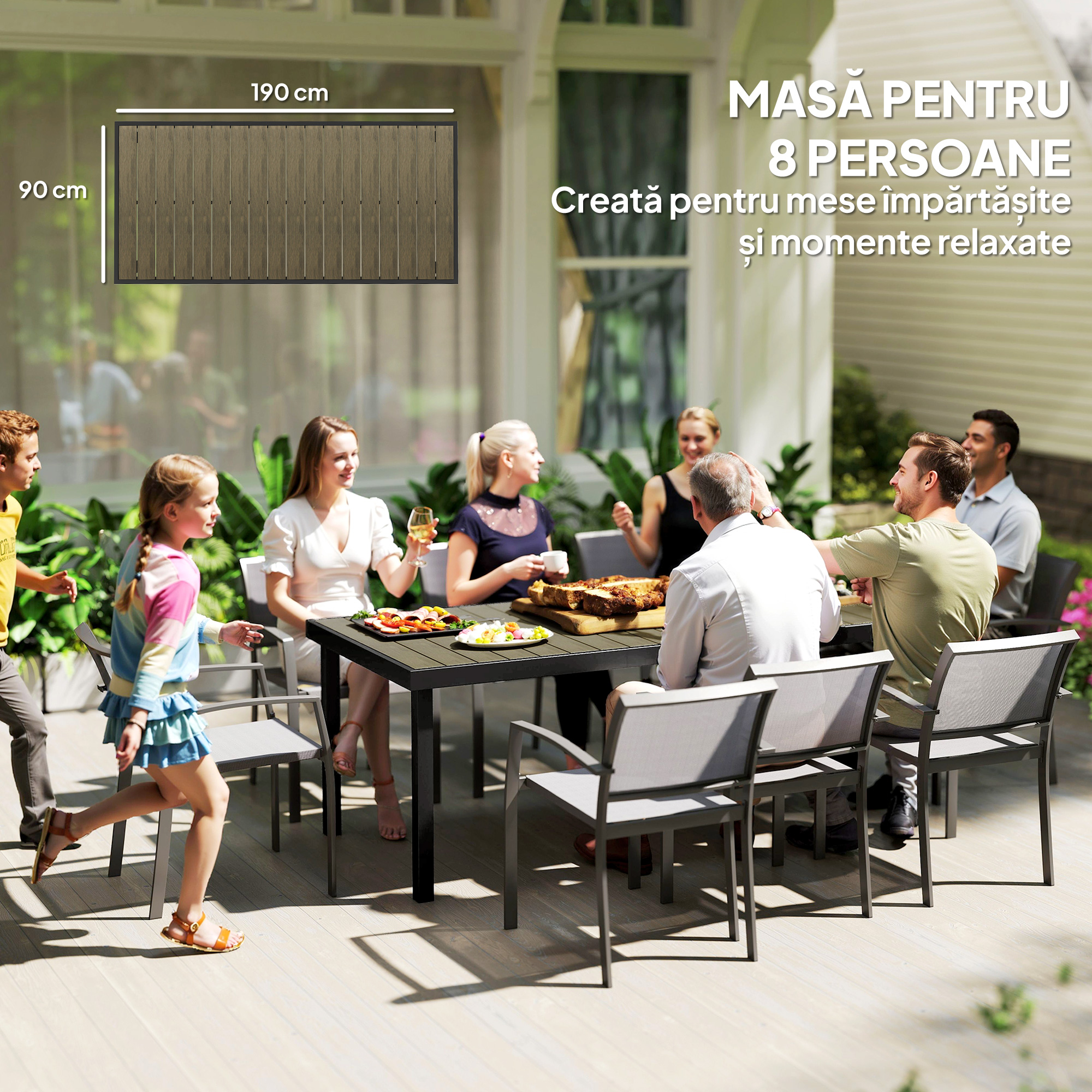  Masa de pranz pentru gradina, pentru 8 persoane, din aluminiu si plastic, lemn inchis la culoare si negru [7]