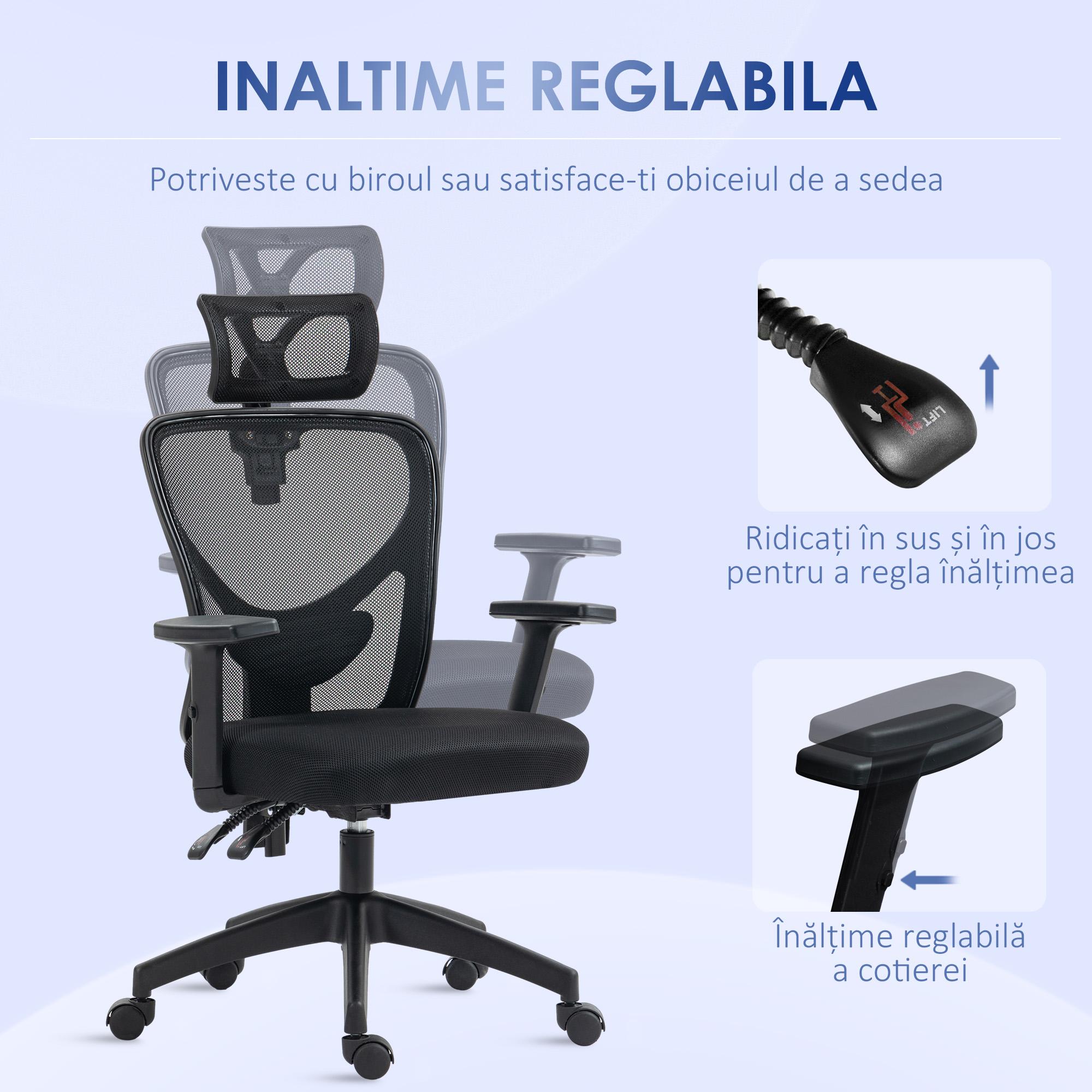  Scaun de birou ergonomic cu inaltime reglabila, suport lombar si tetiera, 66x61x106-116cm, negru [3]