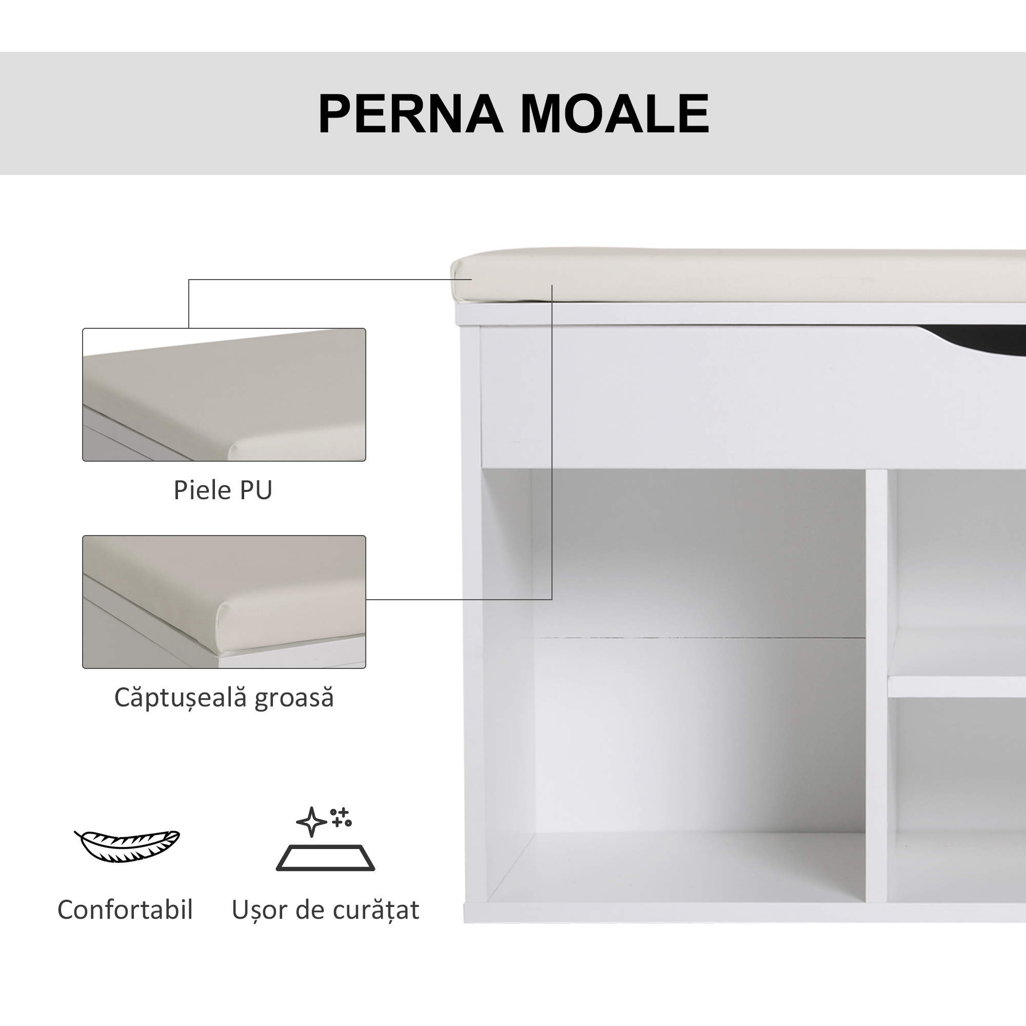  Banca Pantofi Alba 80×30×47 cm - Cu Sertar & sezut Rabatabil [5]