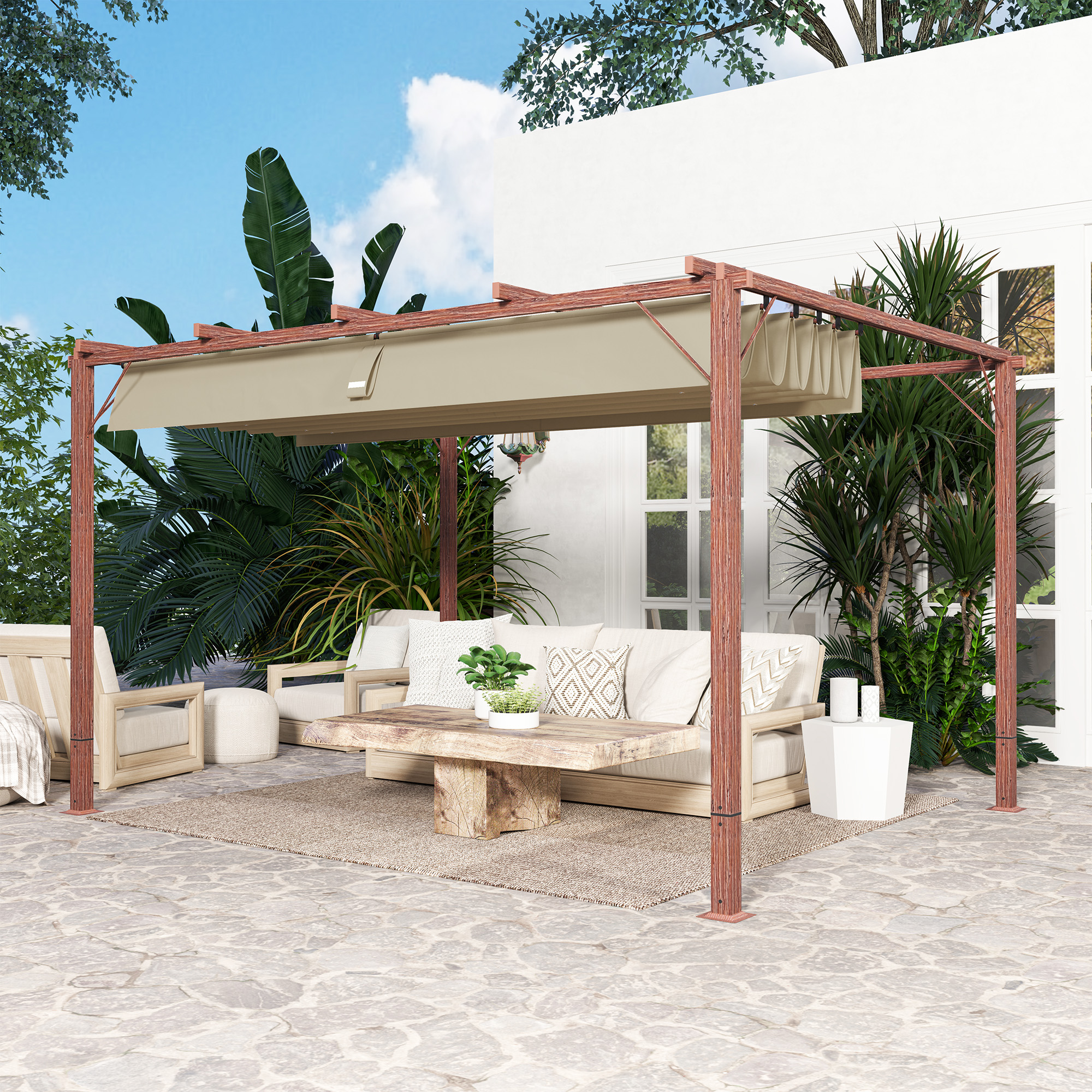  Pergola de Gradina cu Acoperis Retractabil si Cadru din Aluminiu cu Aspect de Lemn, 382x300x232 cm, Lemn Natural [8]