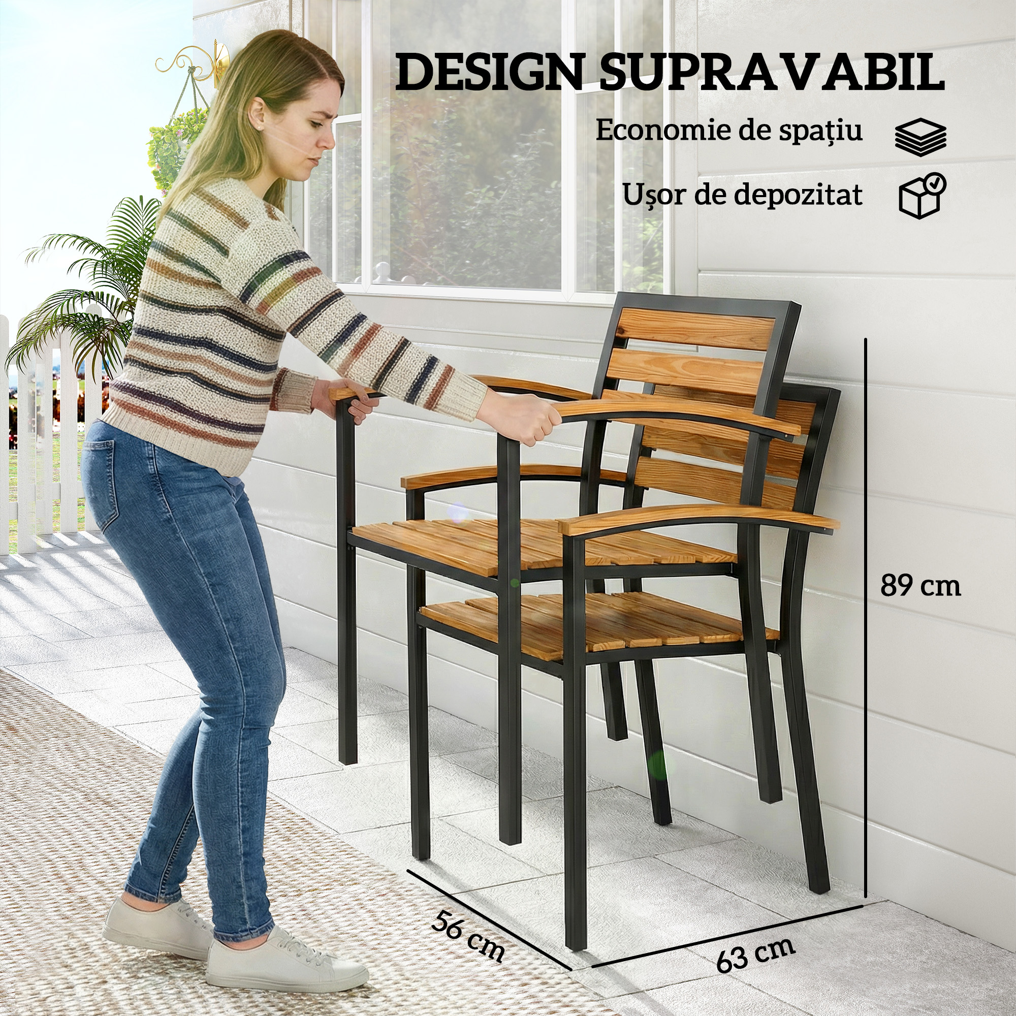  Set de 2 Scaune Stivuibile pentru Exterior din Lemn cu Finisaj Natural. [5]