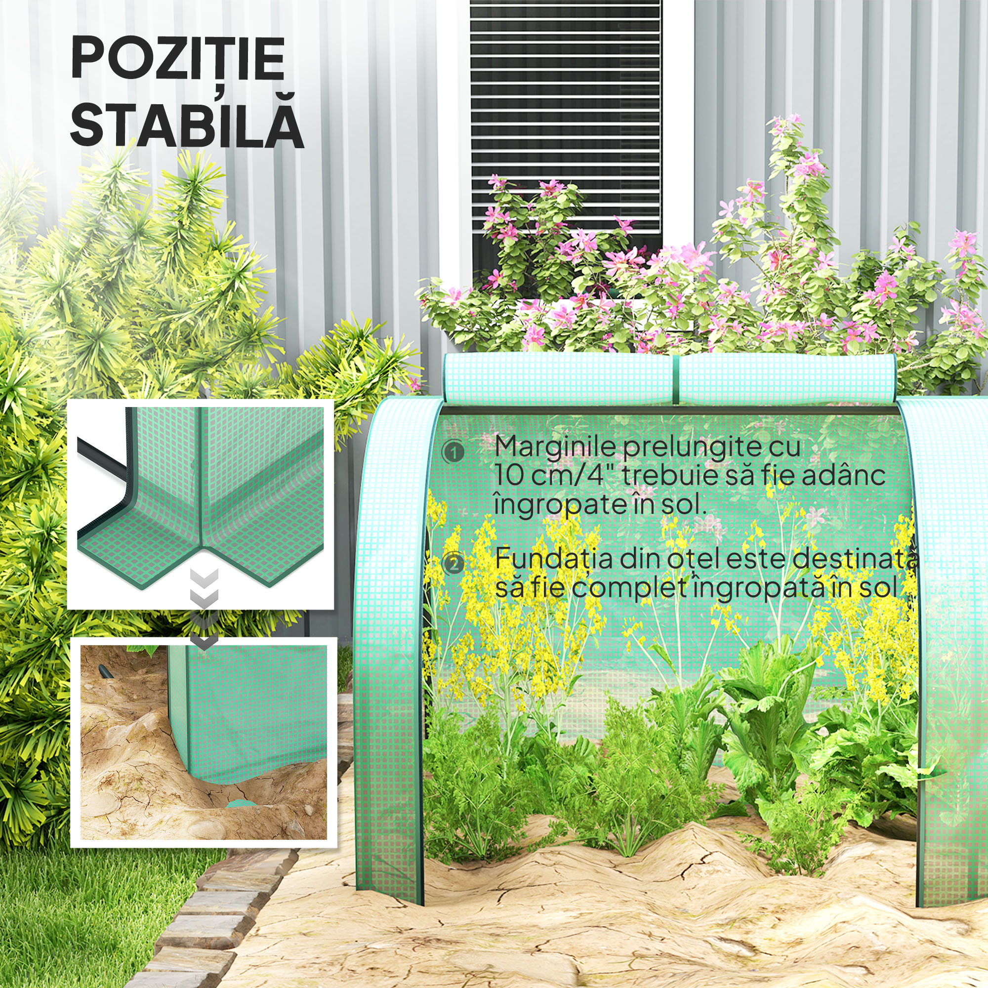  Sera Tip Tunel din Otel si Plastic Impermeabil Anti UV cu 4 Usi, 395x100x80 cm, Verde [4]