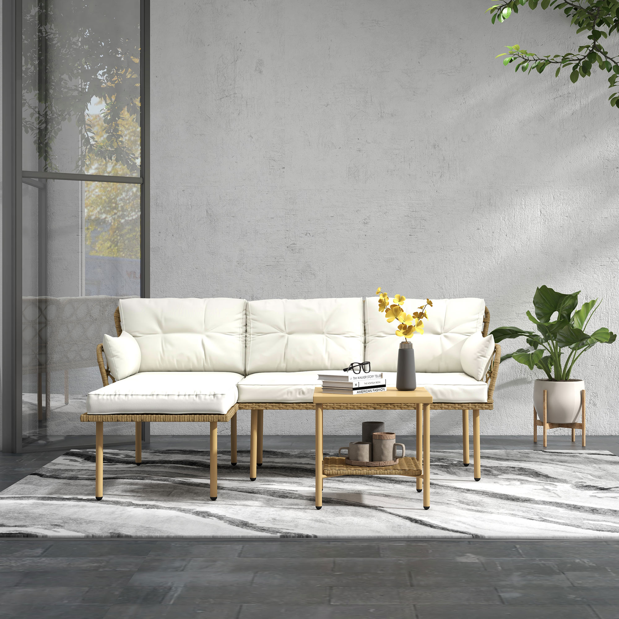  Set mobilier gradina coltar 4 persoane, 3 piese cu masuta si perne confortabile incluse, ratan impletit, crem [7]