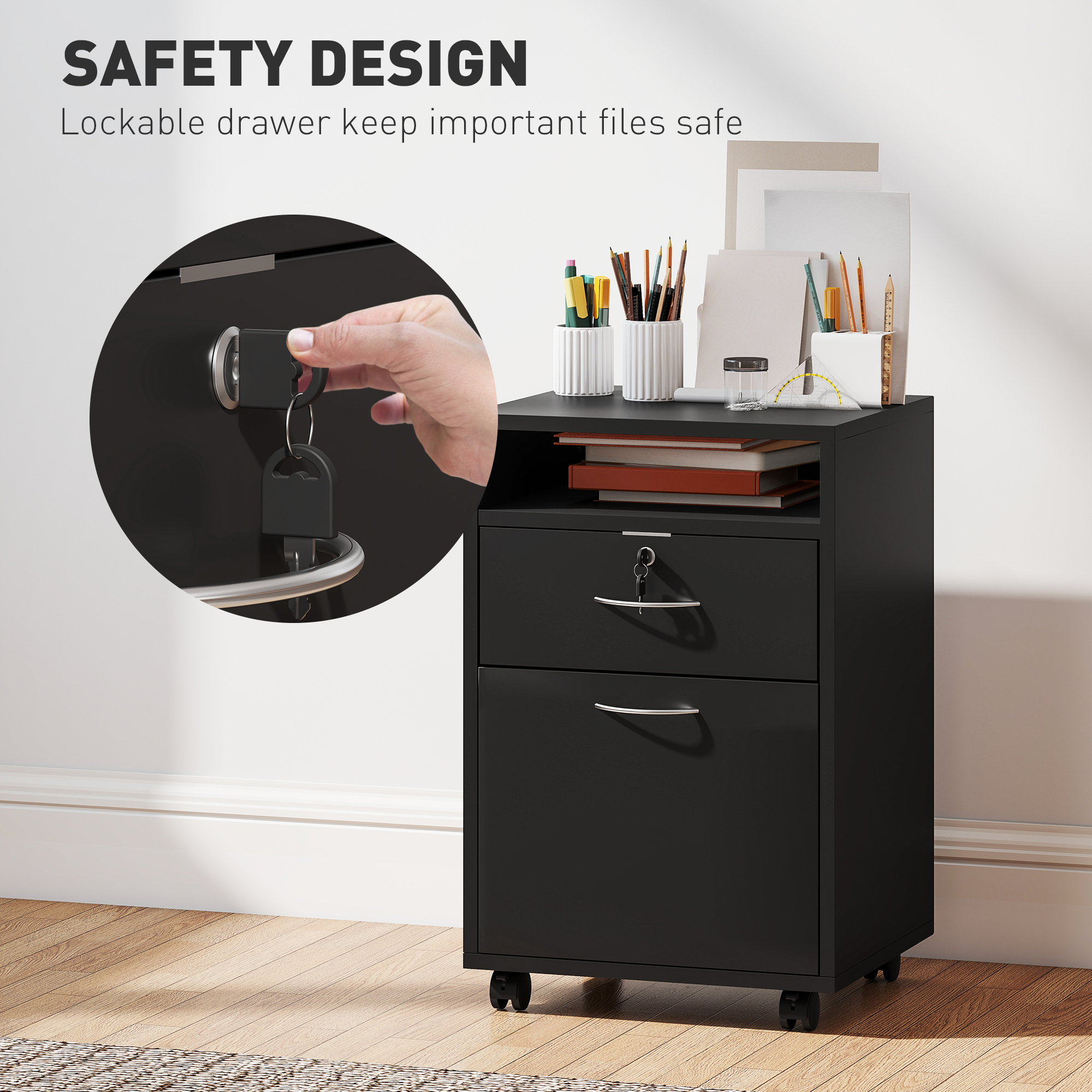 Dulap de Birou  din Lemn cu Raft Deschis, Sertar cu incuietoare si Dulap, 40x35x60 cm, Negru [6]