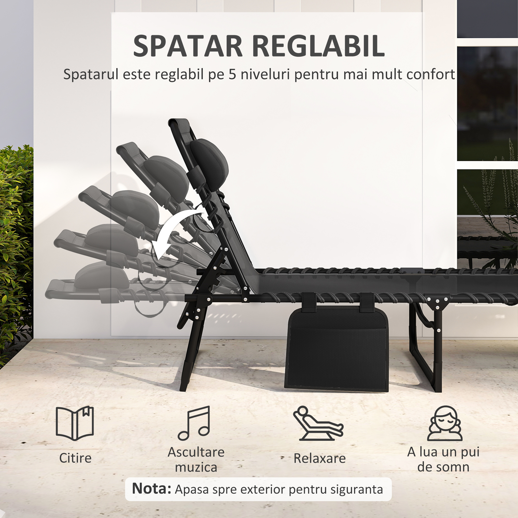  Portable Sun Lounger, Folding Chaise Recliner, 5-Position Adjustable Cot, Black [3]