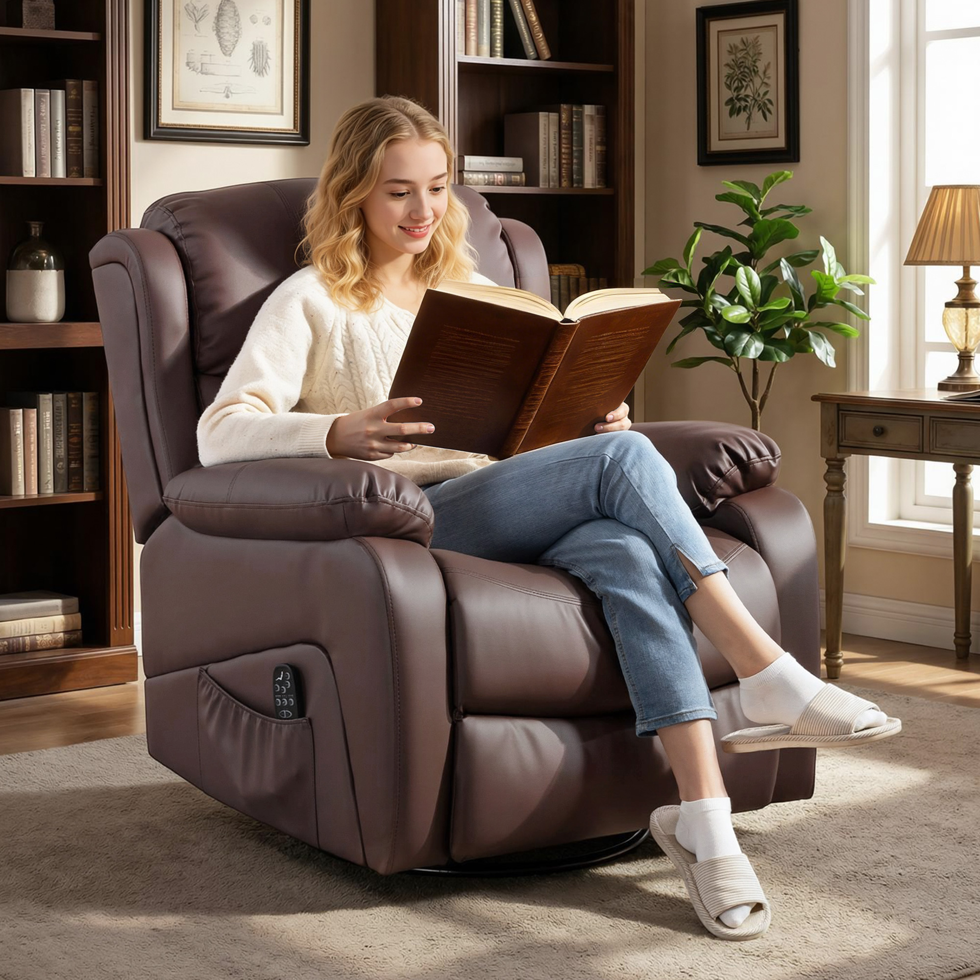  Fotoliu Relax Reclinabil cu 8 Puncte de Masaj, incalzire si Suport pentru Picioare, 87x97x100 cm, Maro [1]