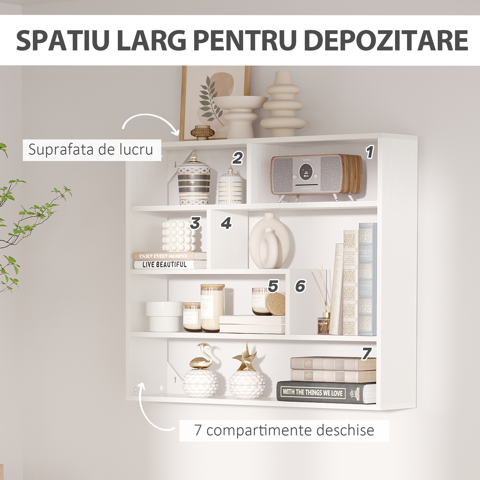  Biblioteca moderna de perete cu 4 niveluri , raft din lemn care economiseste spatiu pentru living si birou, 94x19,5x80cm, alb [5]