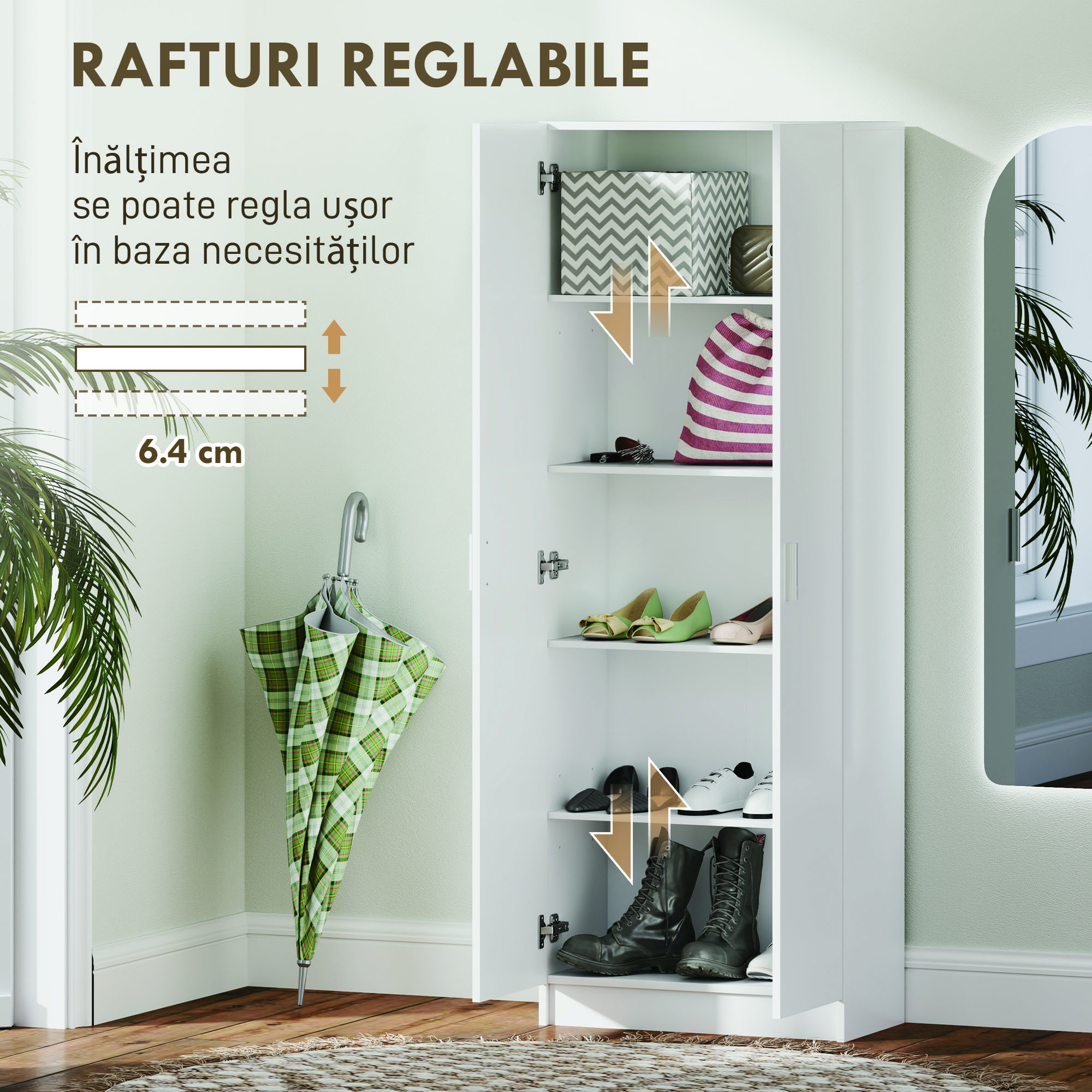  Dulap Multifunctional cu Usi Batante, 5 Rafturi si 3 Niveluri Reglabile, 60x31,5x165 cm, Alb [4]