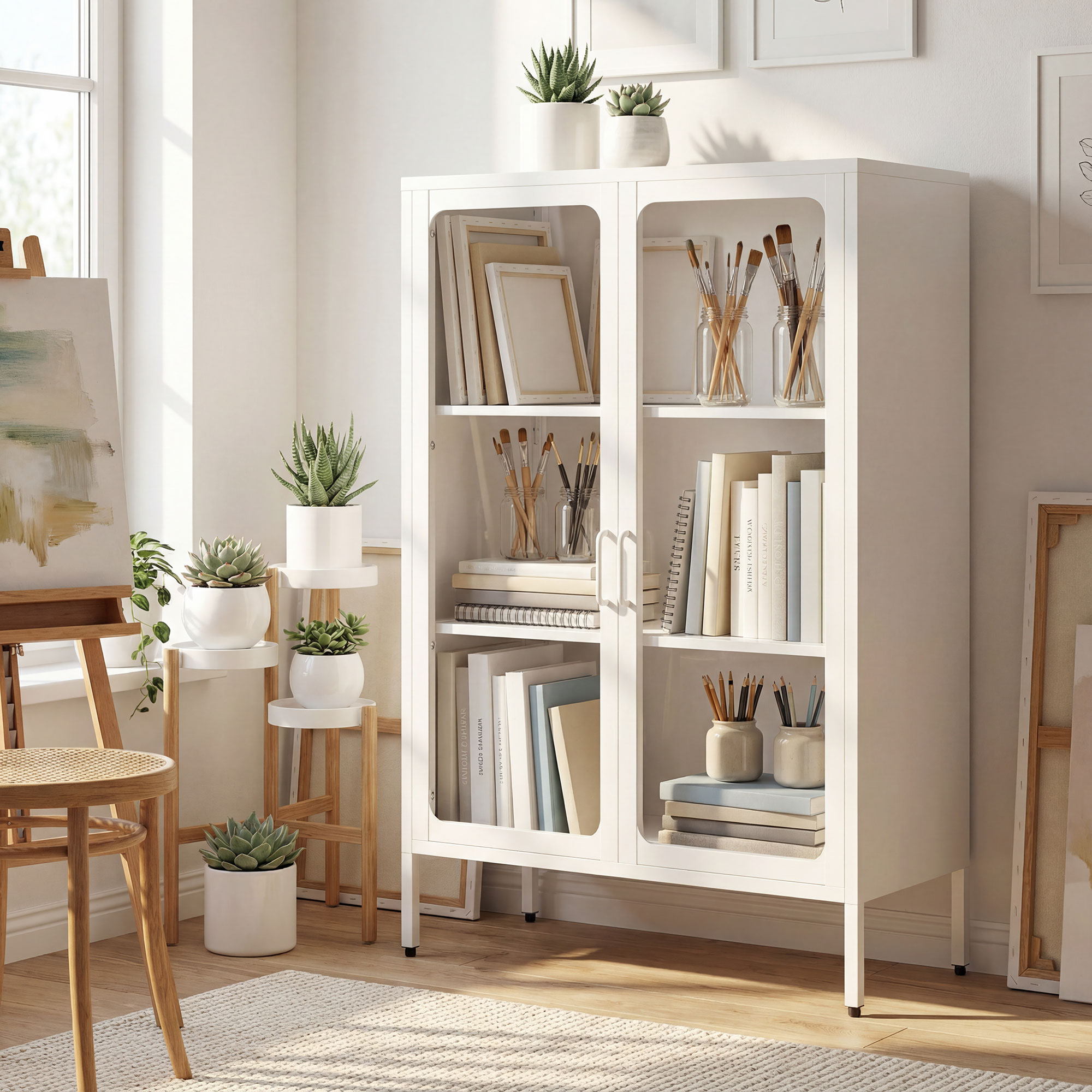  Dulap pentru Documente din Otel cu 2 Usi din Sticla Securizata, Dulap de Birou cu Rafturi Reglabile, Mobilier Multifunctional, 80x40x110 cm, Alb [5]