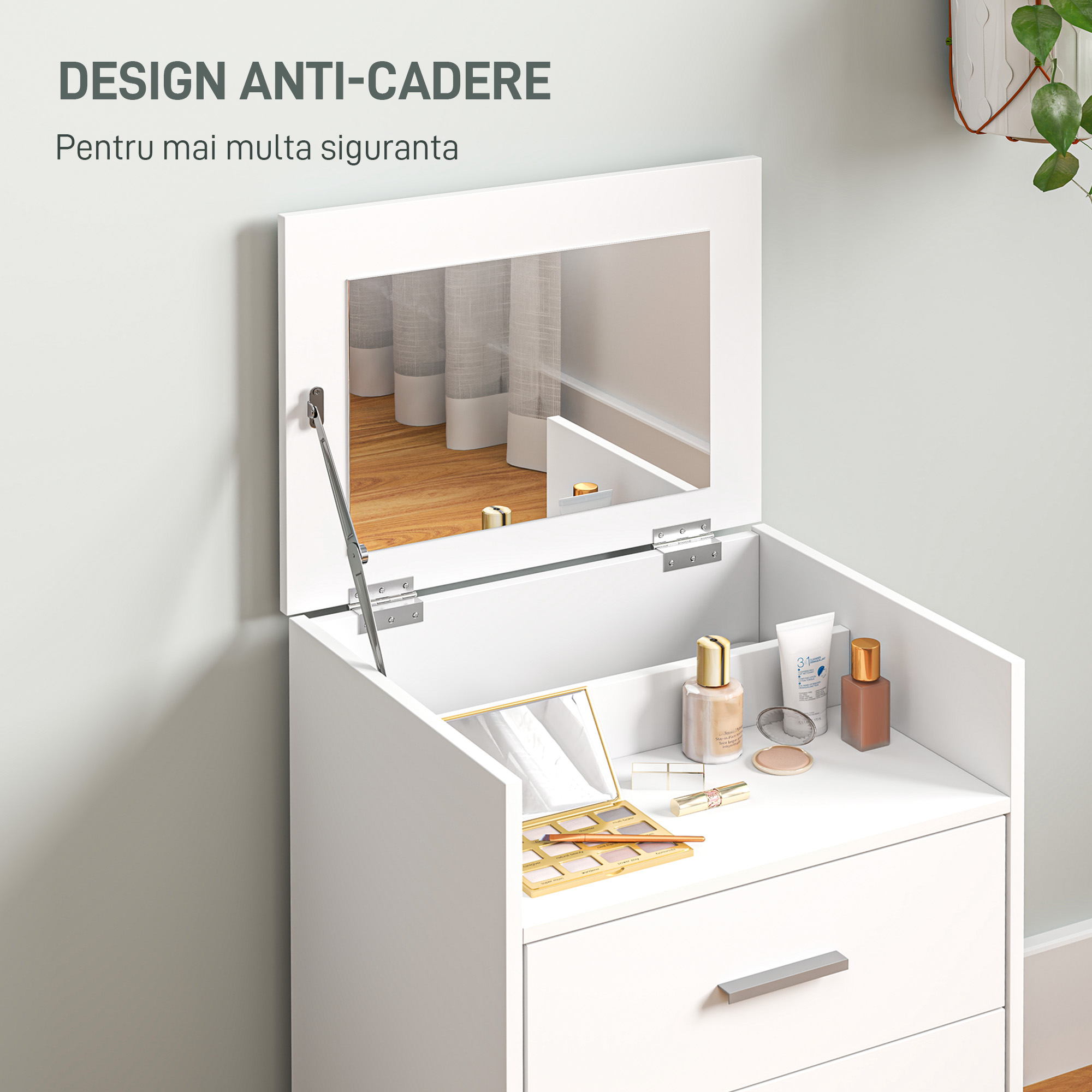  Masa de Machiaj din Lemn cu Oglinda Rabatabila, 2 Sertare si Taburet, 50x40x113,5 cm, Alb [6]