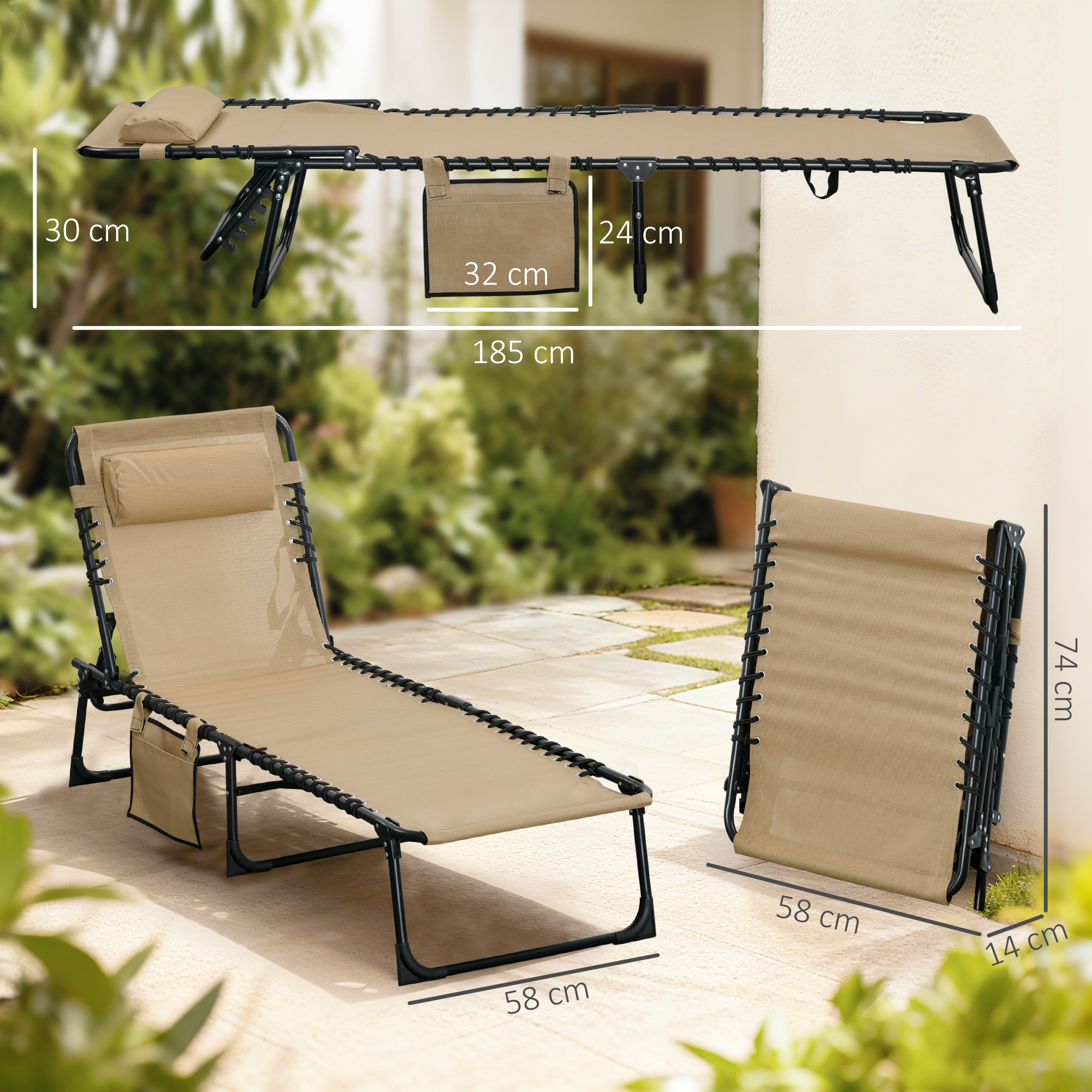  Portable Sun Lounger, Folding Camping Bed 5-position Adjustable Grey [2]