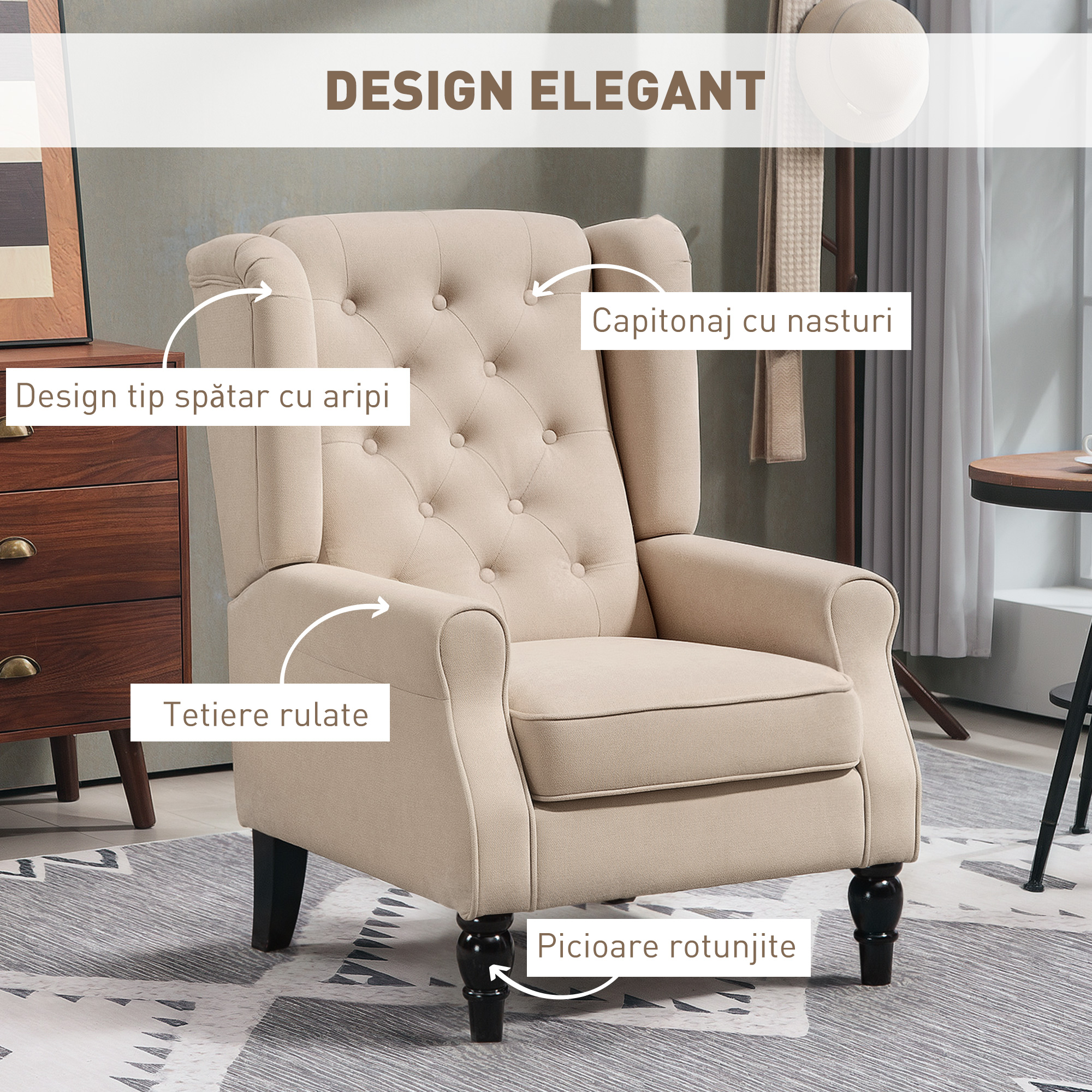  Fotoliu pentru Living in Stil Frantuzesc cu sezut Tapitat si Perne din Catifea de Gheata, 74x86x102 cm, Bej [3]